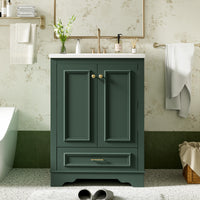 VanityFus 24.2-in Green Bathroom Vanity Single Sink Combo with Ceramic Top Undermount 2 Soft Close Doors 1 Drawer Adjustable Shelves