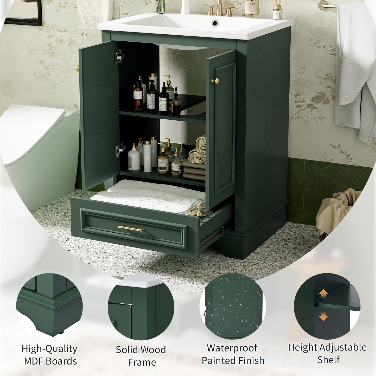 VanityFus 24.2-in Green Bathroom Vanity Single Sink Combo with Ceramic Top Undermount 2 Soft Close Doors 1 Drawer Adjustable Shelves