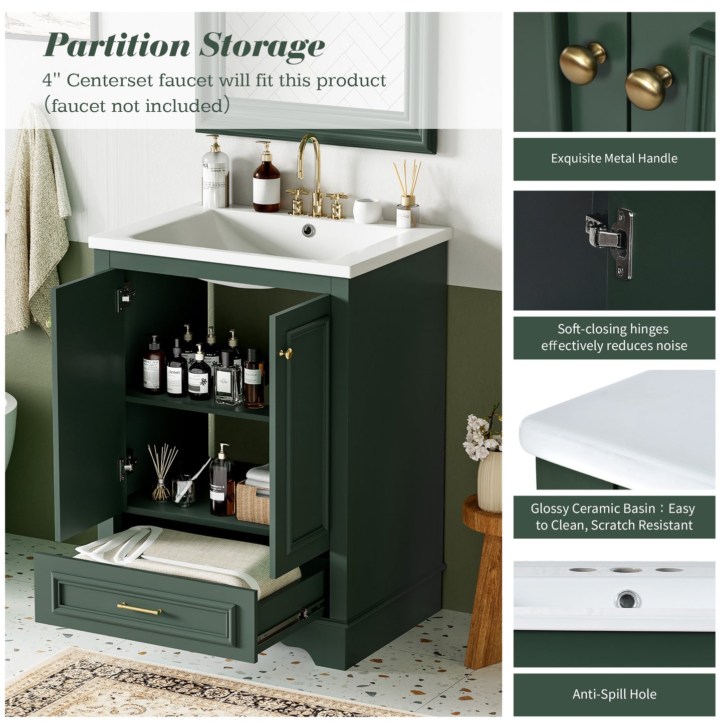 VanityFus 24.2-in Green Bathroom Vanity Single Sink Combo with Ceramic Top Undermount 2 Soft Close Doors 1 Drawer Adjustable Shelves