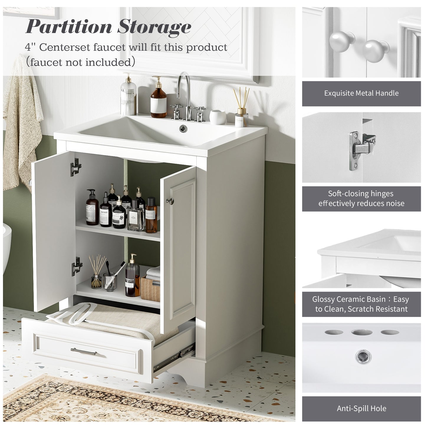 VanityFus 24.2-in White Bathroom Vanity Single Sink Combo with Ceramic Top Undermount 2 Soft Close Doors 1 Drawer Adjustable Shelves