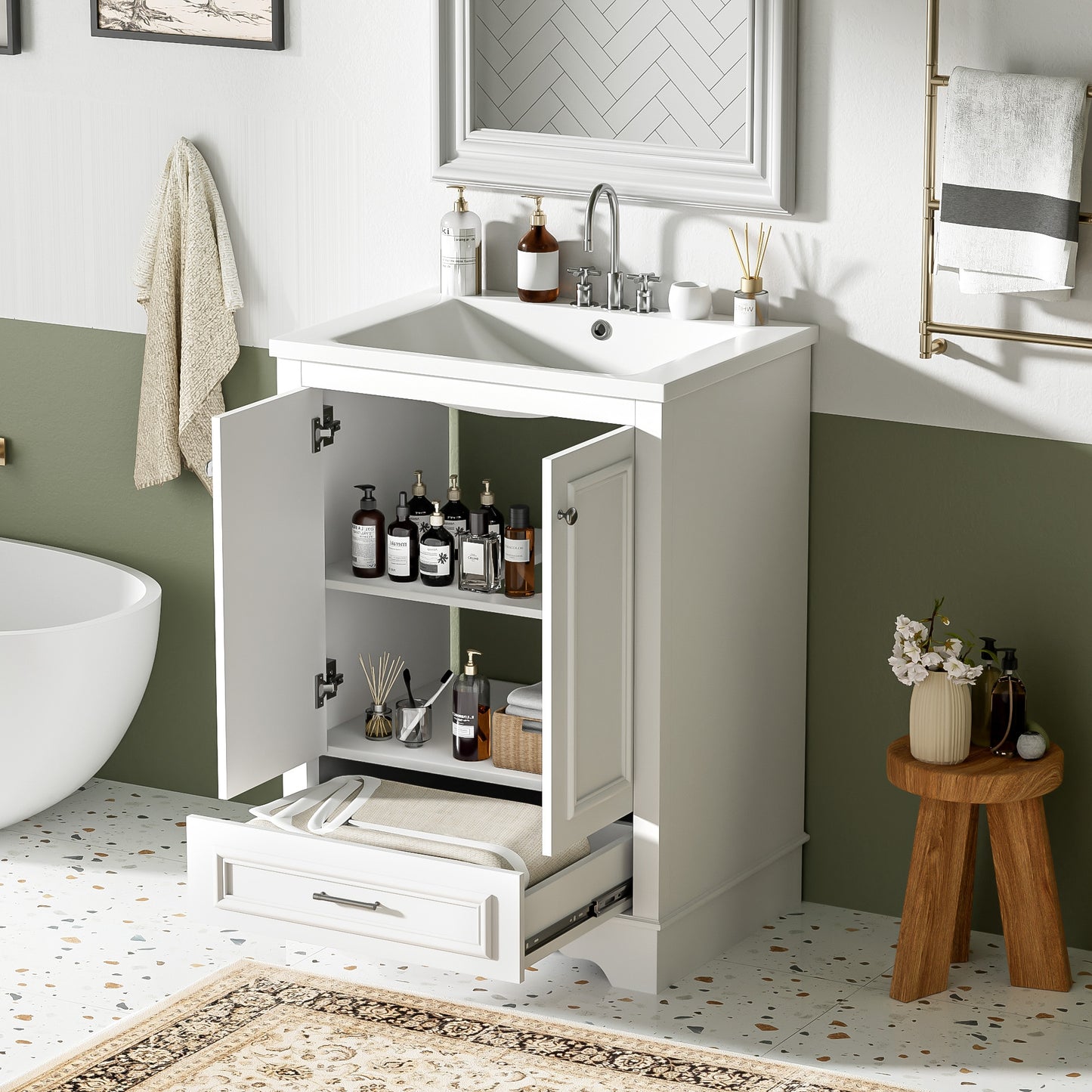 VanityFus 24.2-in White Bathroom Vanity Single Sink Combo with Ceramic Top Undermount 2 Soft Close Doors 1 Drawer Adjustable Shelves
