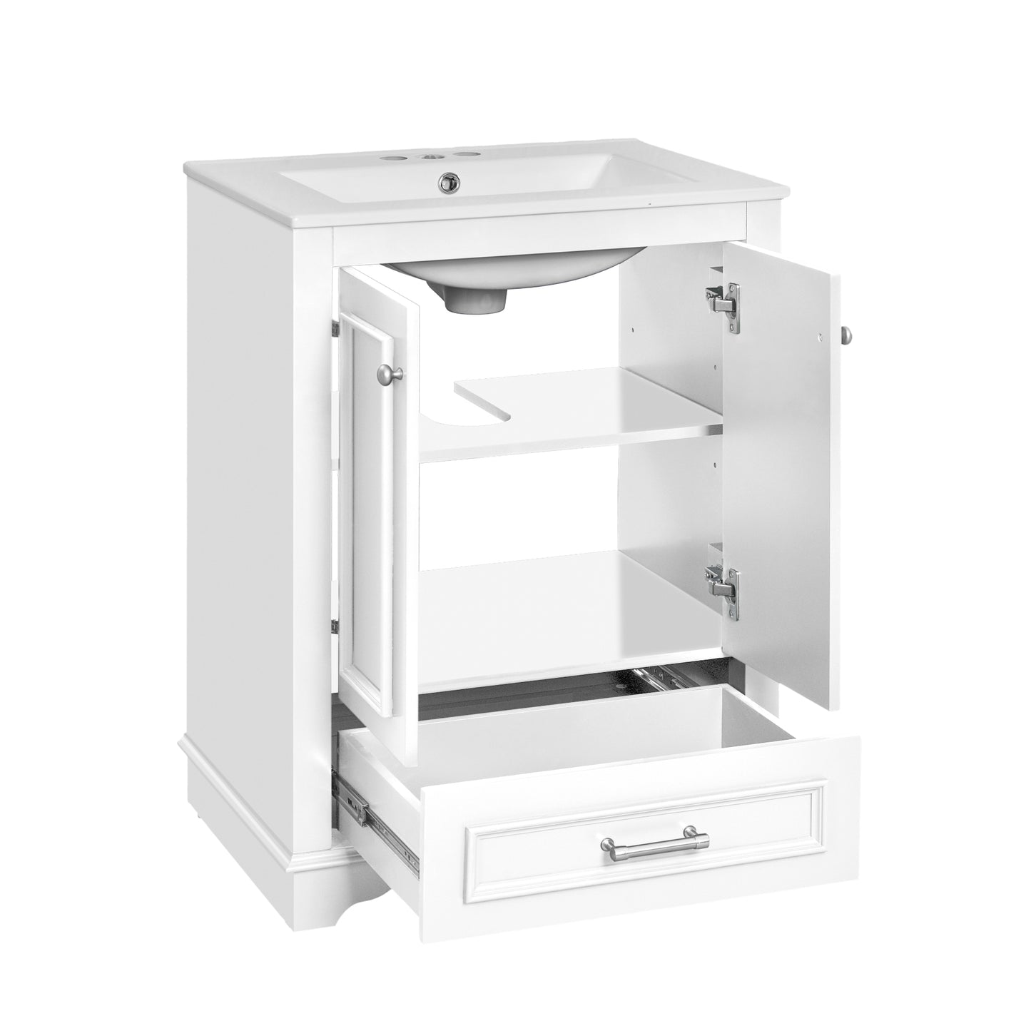 VanityFus 24.2-in White Bathroom Vanity Single Sink Combo with Ceramic Top Undermount 2 Soft Close Doors 1 Drawer Adjustable Shelves