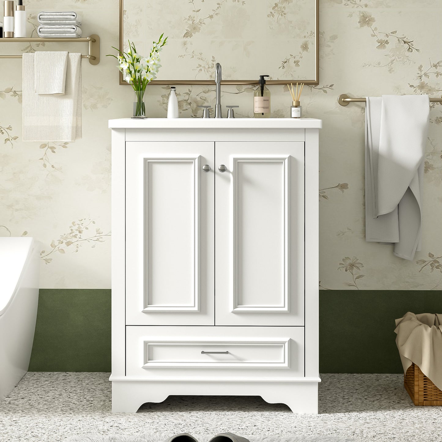 VanityFus 24.2-in White Bathroom Vanity Single Sink Combo with Ceramic Top Undermount 2 Soft Close Doors 1 Drawer Adjustable Shelves