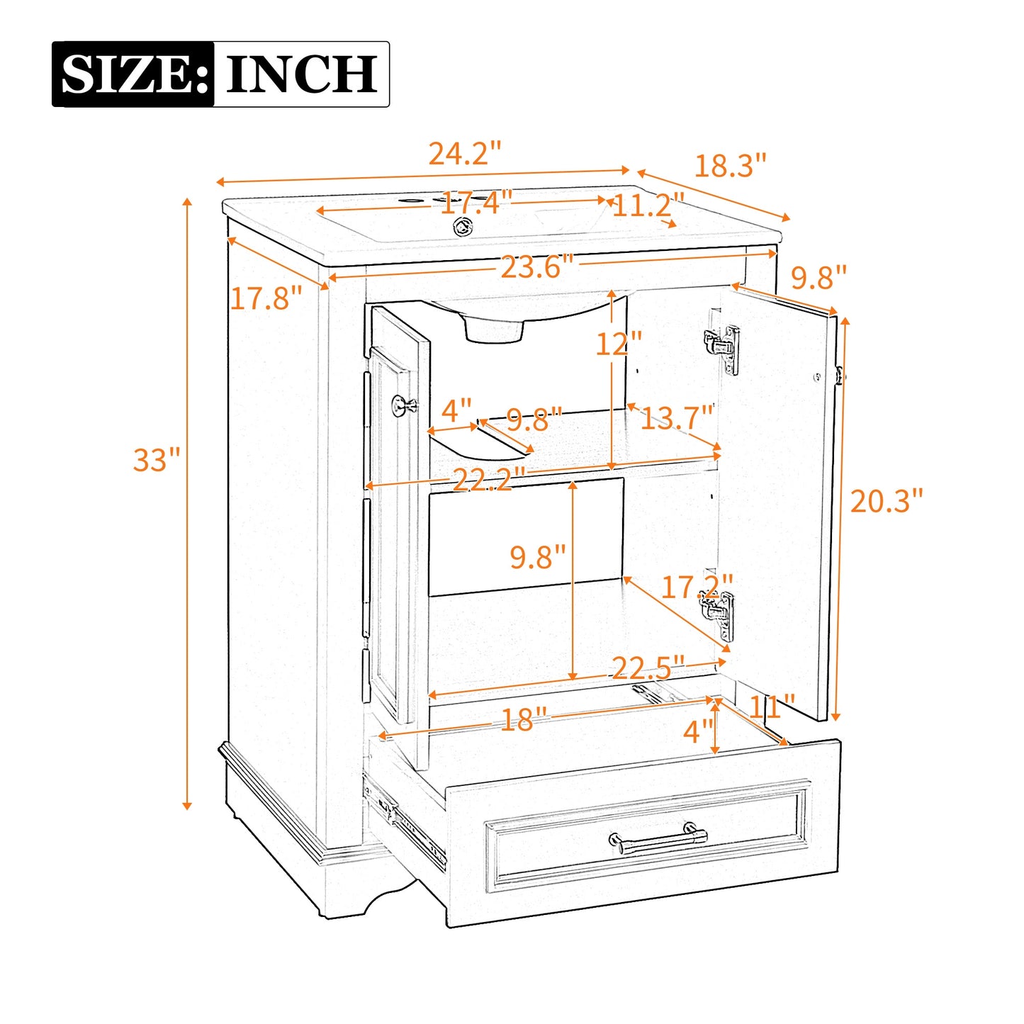VanityFus 24.2-in White Bathroom Vanity Single Sink Combo with Ceramic Top Undermount 2 Soft Close Doors 1 Drawer Adjustable Shelves
