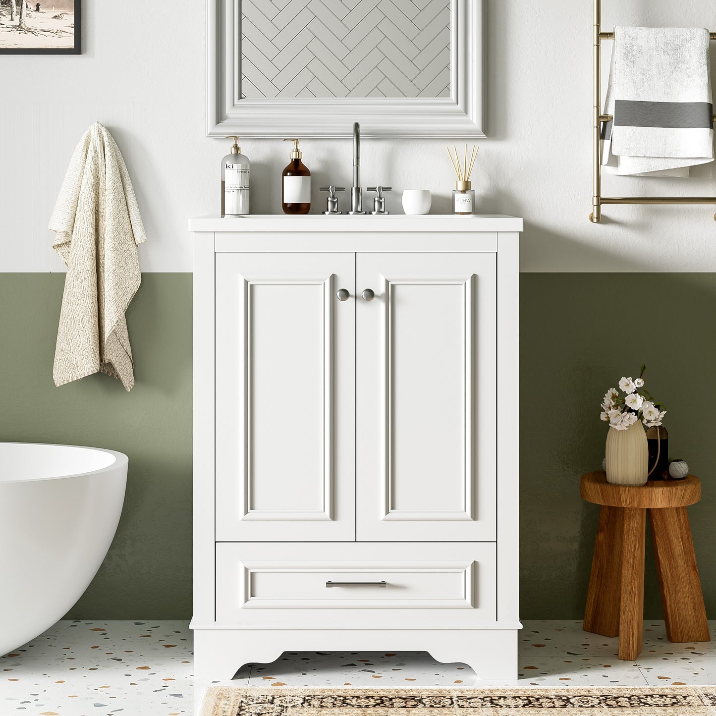 VanityFus 24.2-in White Bathroom Vanity Single Sink Combo with Ceramic Top Undermount 2 Soft Close Doors 1 Drawer Adjustable Shelves