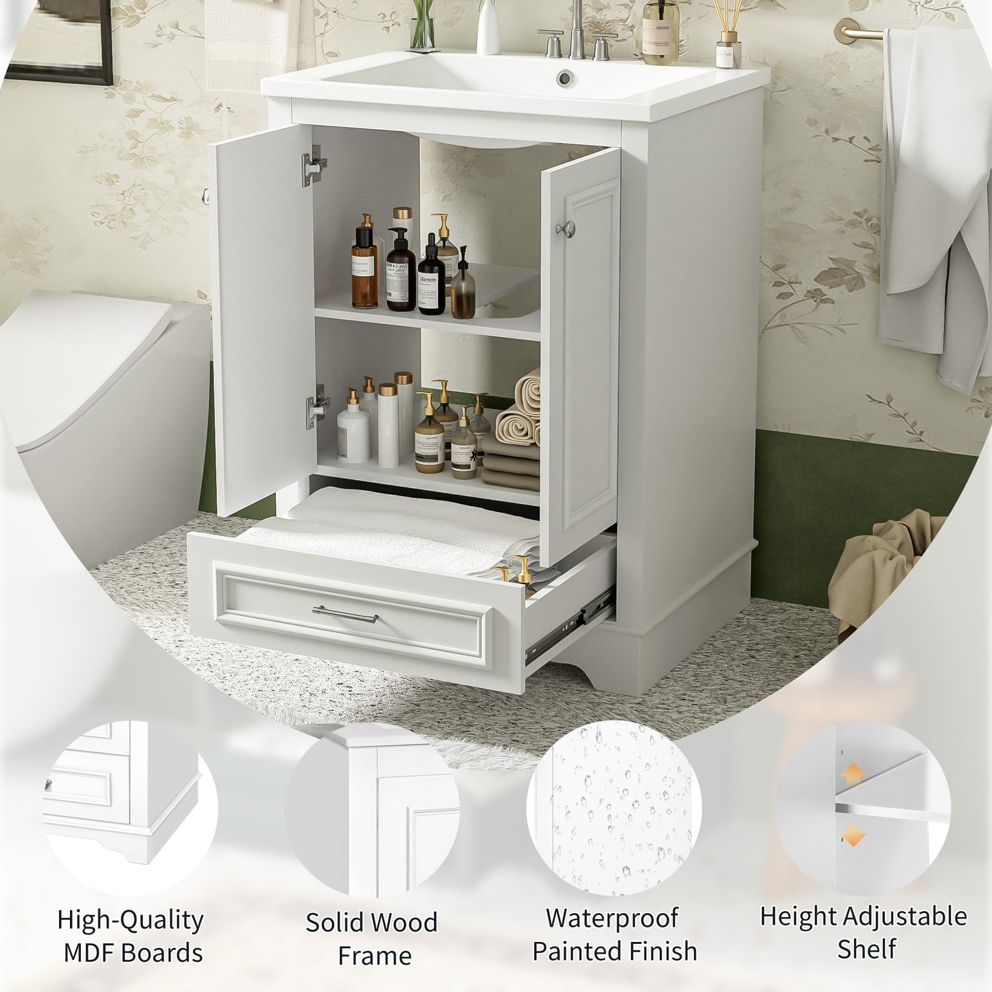 VanityFus 24.2-in White Bathroom Vanity Single Sink Combo with Ceramic Top Undermount 2 Soft Close Doors 1 Drawer Adjustable Shelves