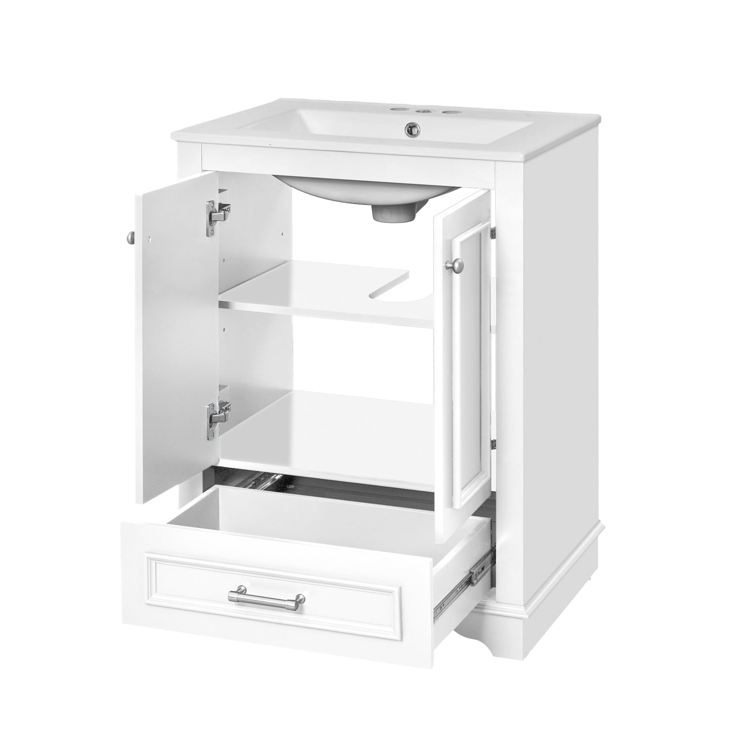 VanityFus 24.2-in White Bathroom Vanity Single Sink Combo with Ceramic Top Undermount 2 Soft Close Doors 1 Drawer Adjustable Shelves
