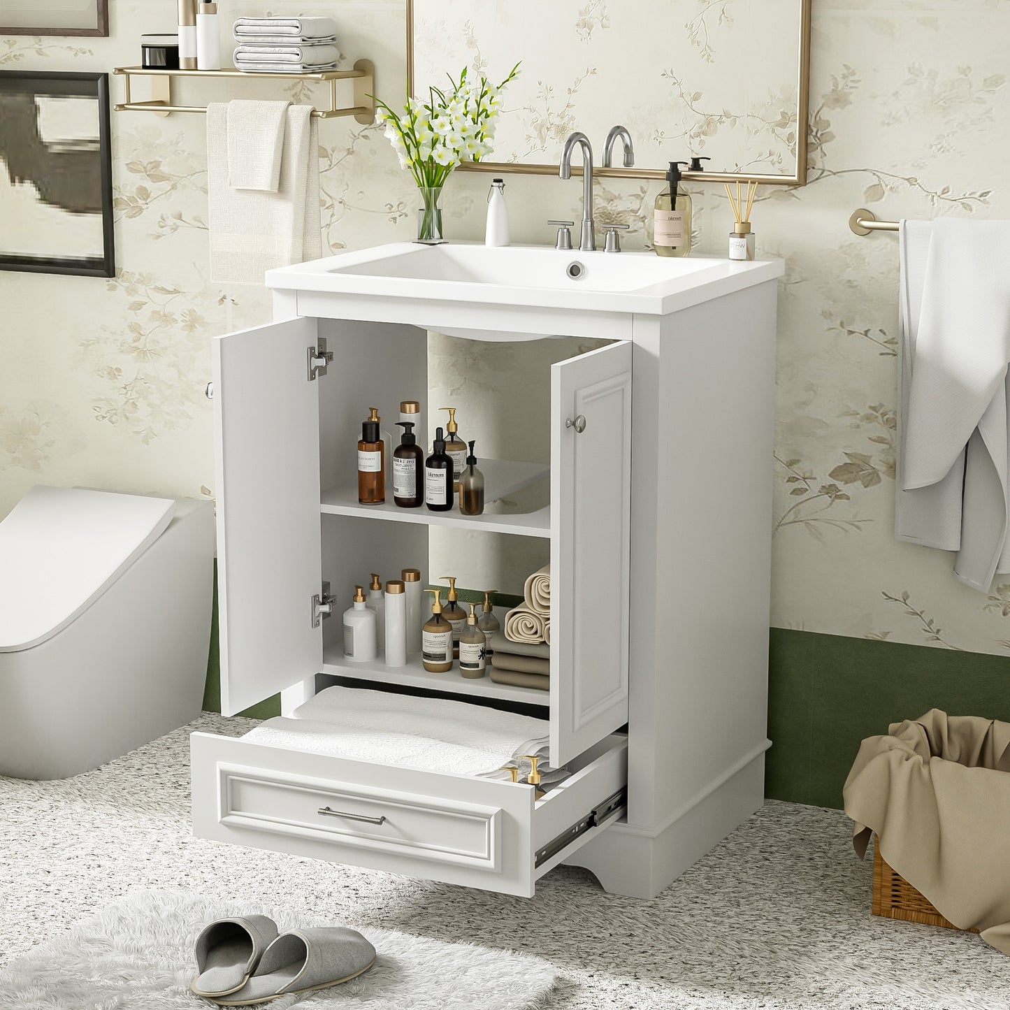 VanityFus 24.2-in White Bathroom Vanity Single Sink Combo with Ceramic Top Undermount 2 Soft Close Doors 1 Drawer Adjustable Shelves