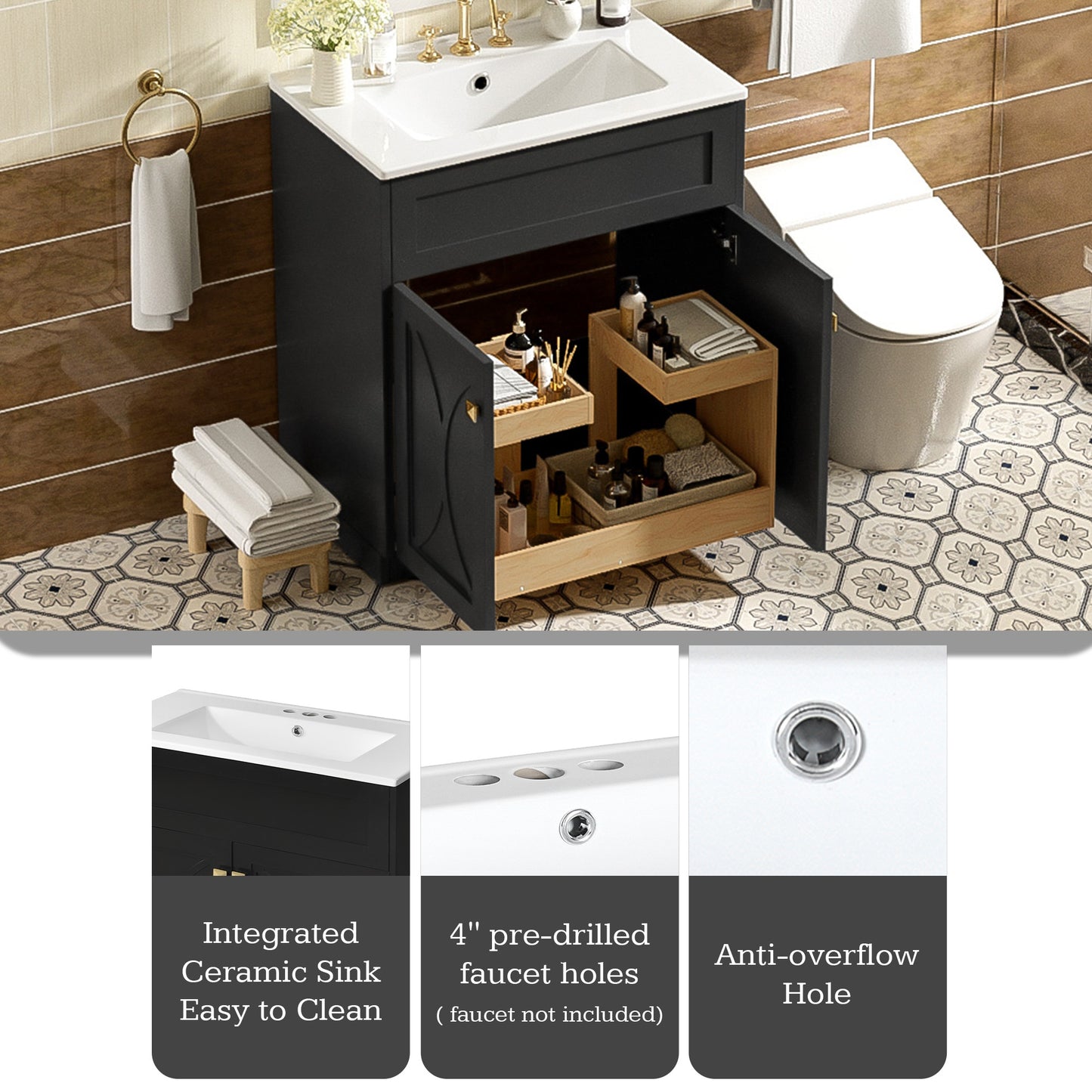VanityFus 30-in Black Bathroom Vanity Single Sink Combo with Ceramic Top Undermount 2 Soft Close Doors