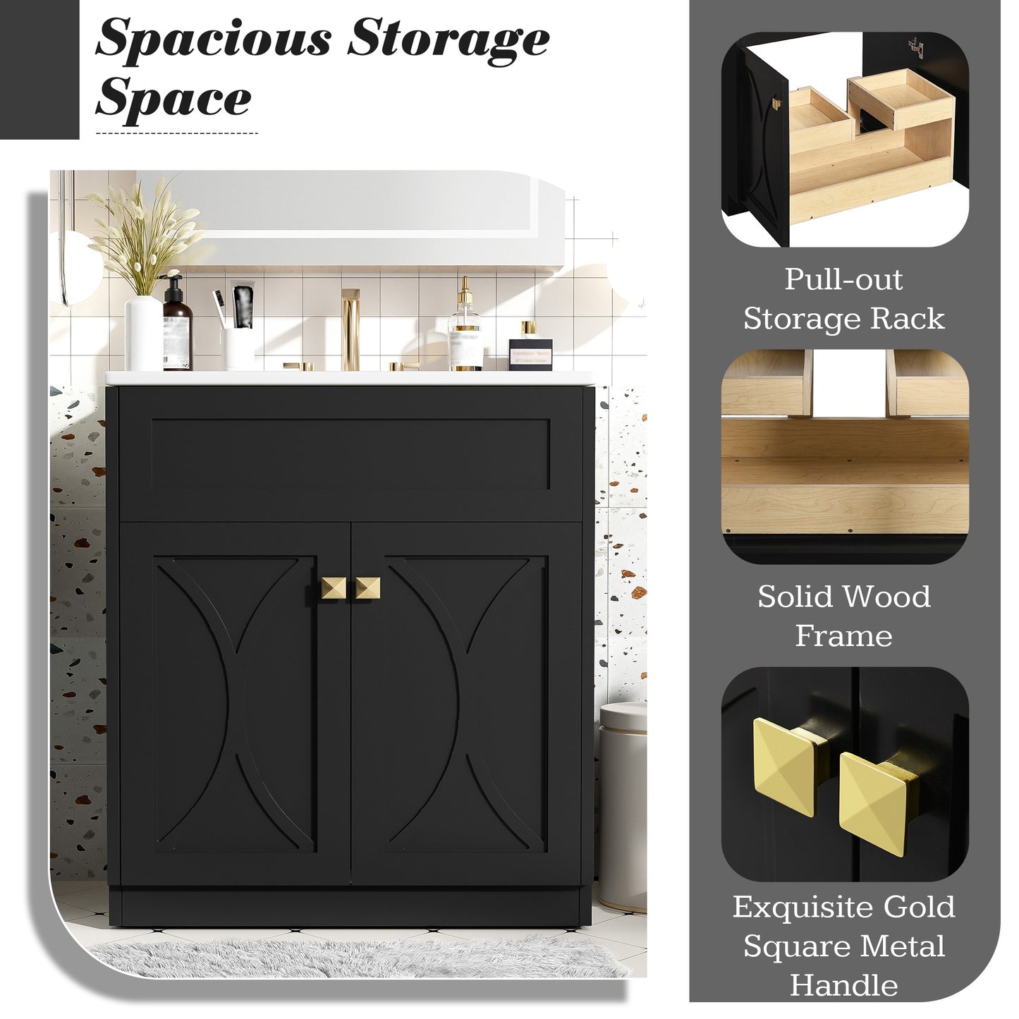 VanityFus 30-in Black Bathroom Vanity Single Sink Combo with Ceramic Top Undermount 2 Soft Close Doors