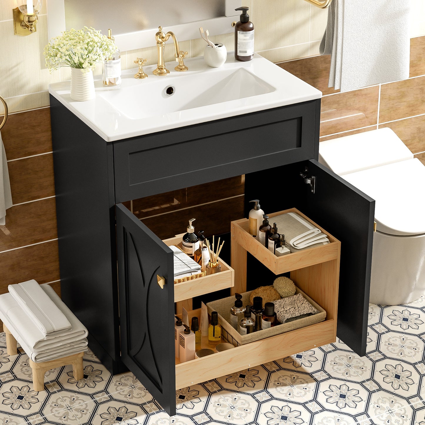 VanityFus 30-in Black Bathroom Vanity Single Sink Combo with Ceramic Top Undermount 2 Soft Close Doors
