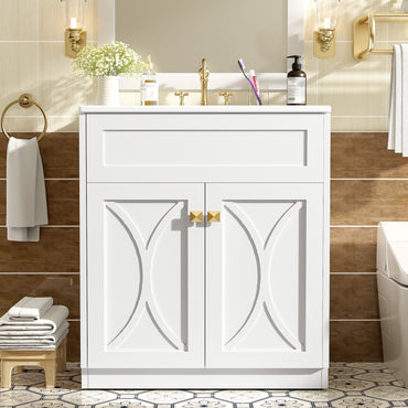VanityFus 30-in White Bathroom Vanity Single Sink Combo with Ceramic Top Undermount 2 Soft Close Doors