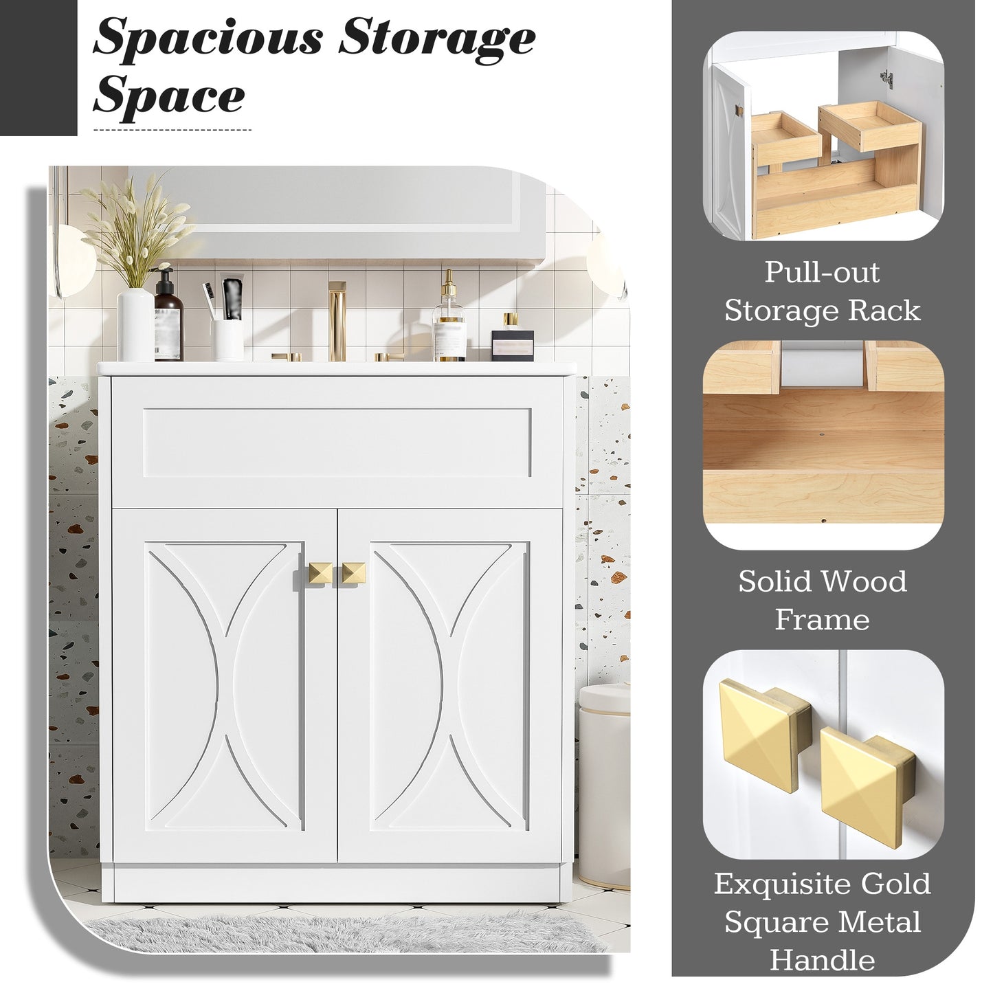 VanityFus 30-in White Bathroom Vanity Single Sink Combo with Ceramic Top Undermount 2 Soft Close Doors