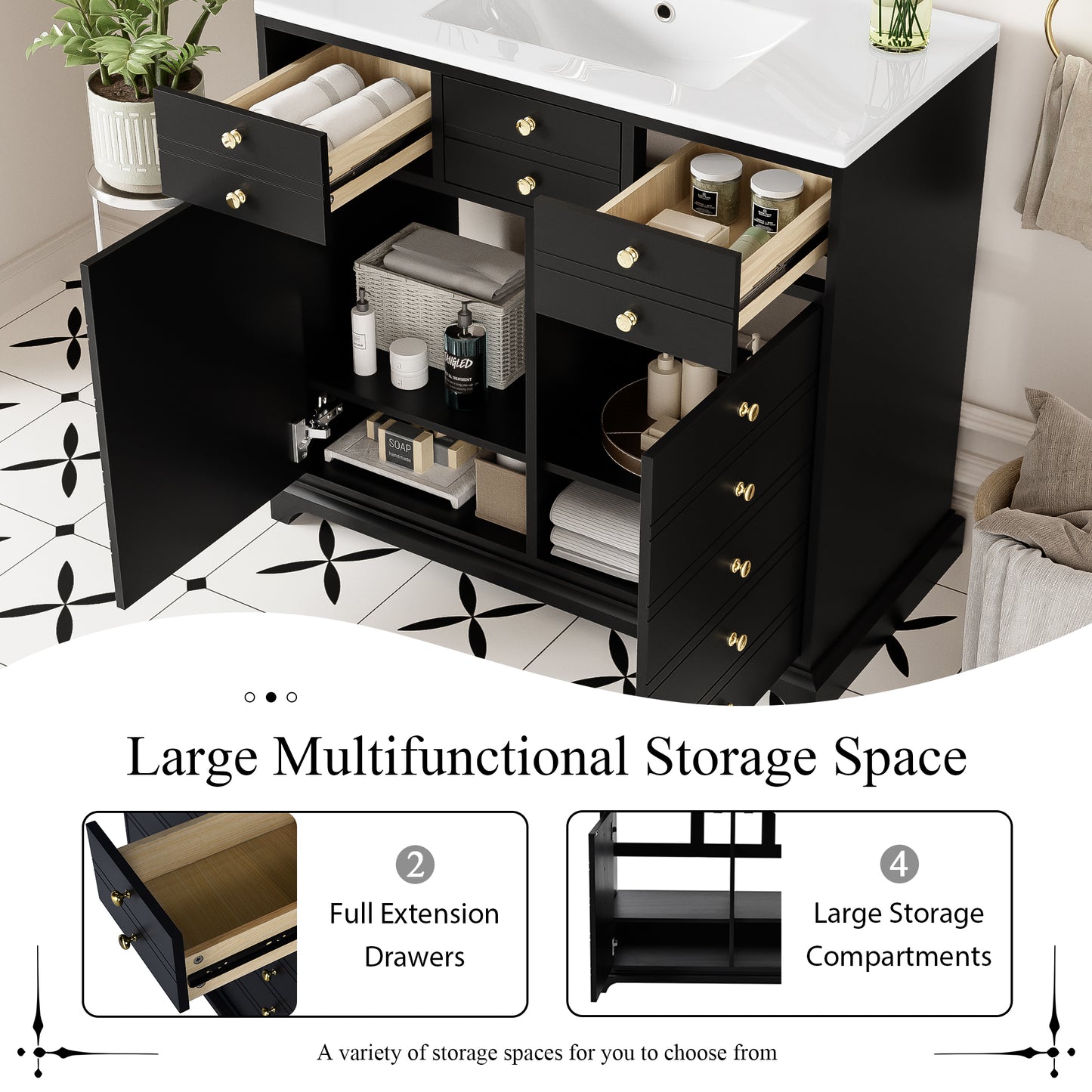 VanityFus 36-in Black Bathroom Vanity Single Sink Combo with Ceramic Top Undermount 2 Soft Close Doors 2 Drawers