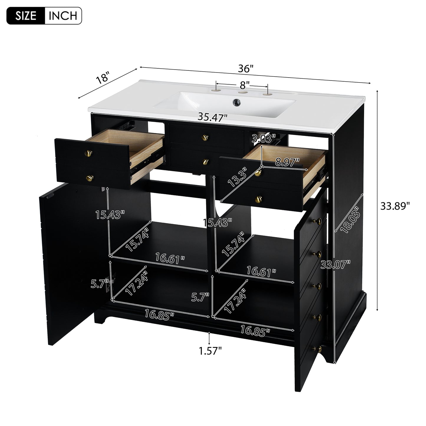 VanityFus 36-in Black Bathroom Vanity Single Sink Combo with Ceramic Top Undermount 2 Soft Close Doors 2 Drawers
