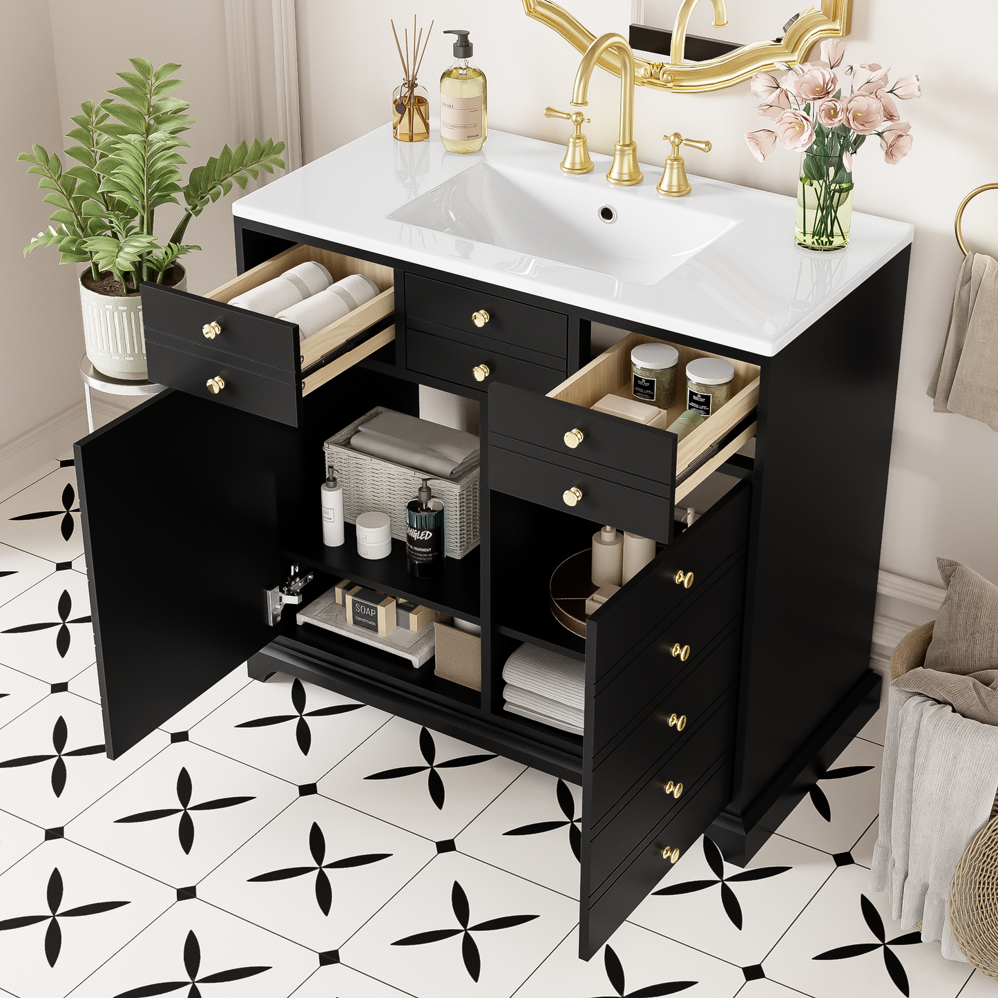 VanityFus 36-in Black Bathroom Vanity Single Sink Combo with Ceramic Top Undermount 2 Soft Close Doors 2 Drawers