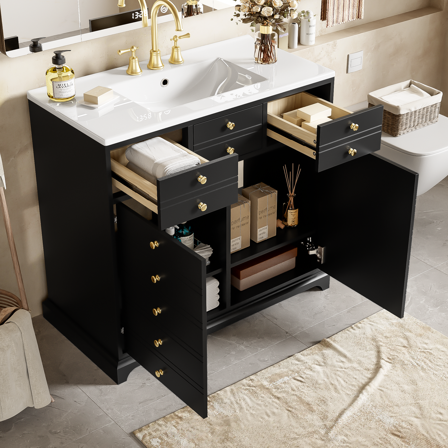 VanityFus 36-in Black Bathroom Vanity Single Sink Combo with Ceramic Top Undermount 2 Soft Close Doors 2 Drawers