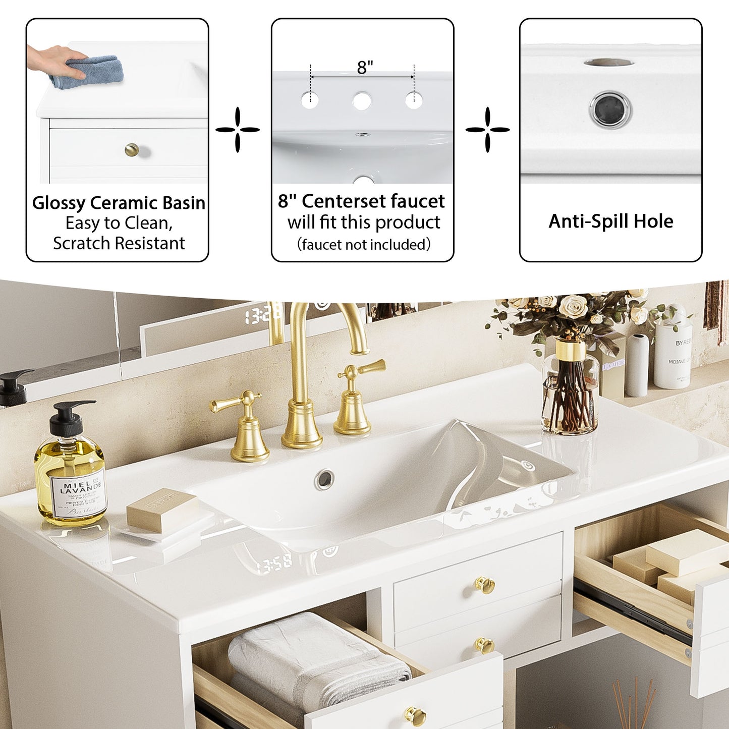 VanityFus 36-in White Bathroom Vanity Single Sink Combo with Ceramic Top Undermount 2 Soft Close Doors 2 Drawers