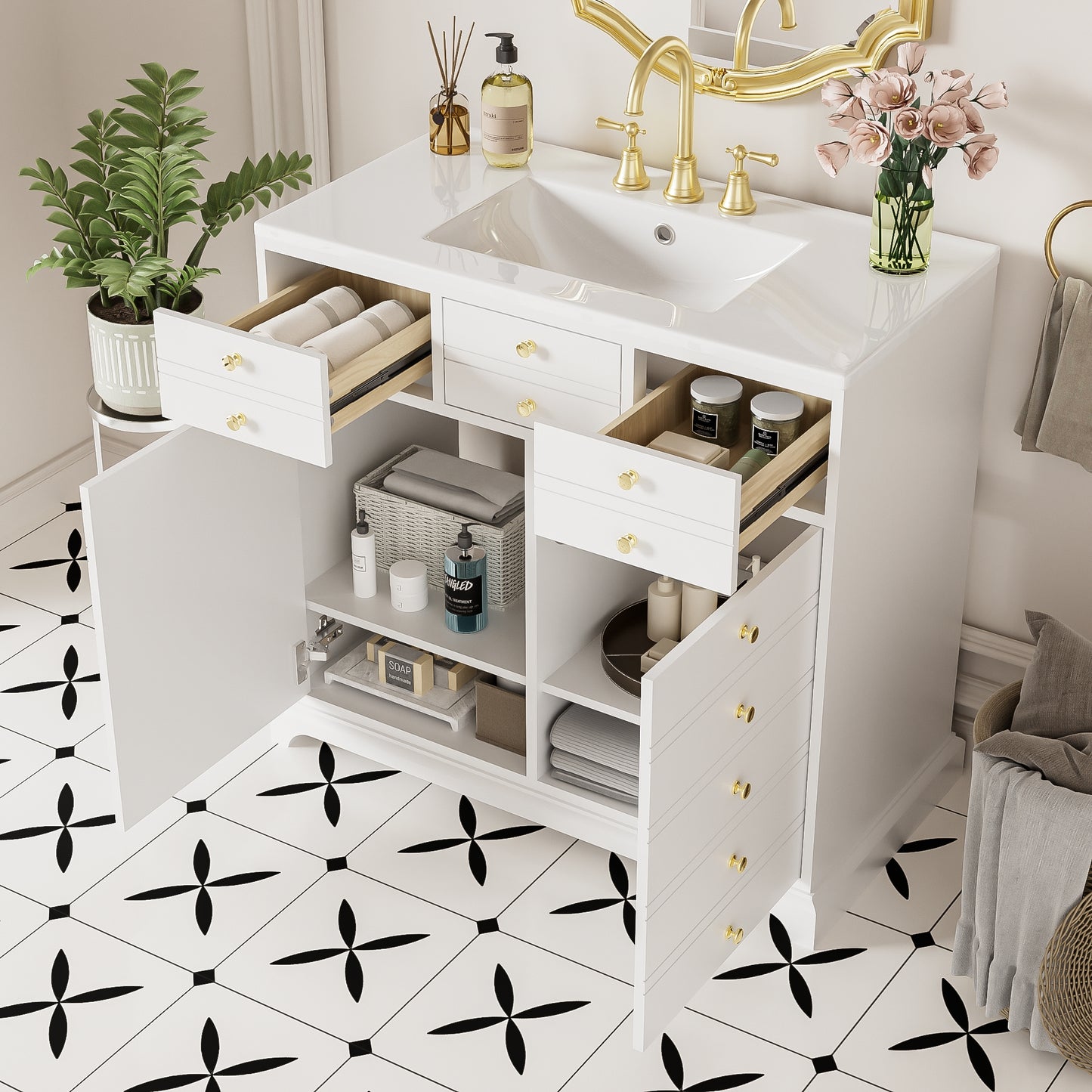 VanityFus 36-in White Bathroom Vanity Single Sink Combo with Ceramic Top Undermount 2 Soft Close Doors 2 Drawers