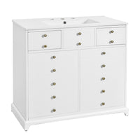 VanityFus 36-in White Bathroom Vanity Single Sink Combo with Ceramic Top Undermount 2 Soft Close Doors 2 Drawers