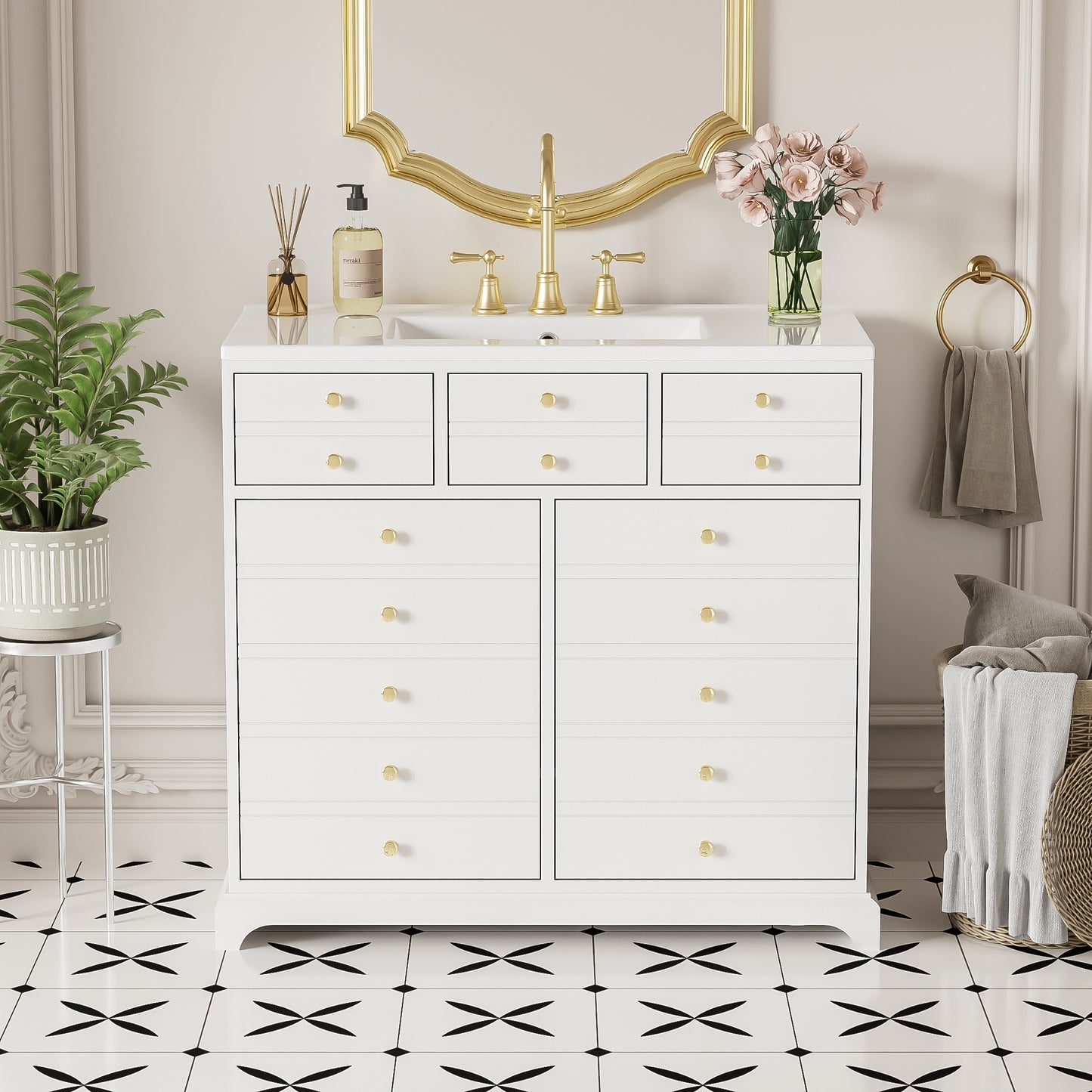 VanityFus 36-in White Bathroom Vanity Single Sink Combo with Ceramic Top Undermount 2 Soft Close Doors 2 Drawers