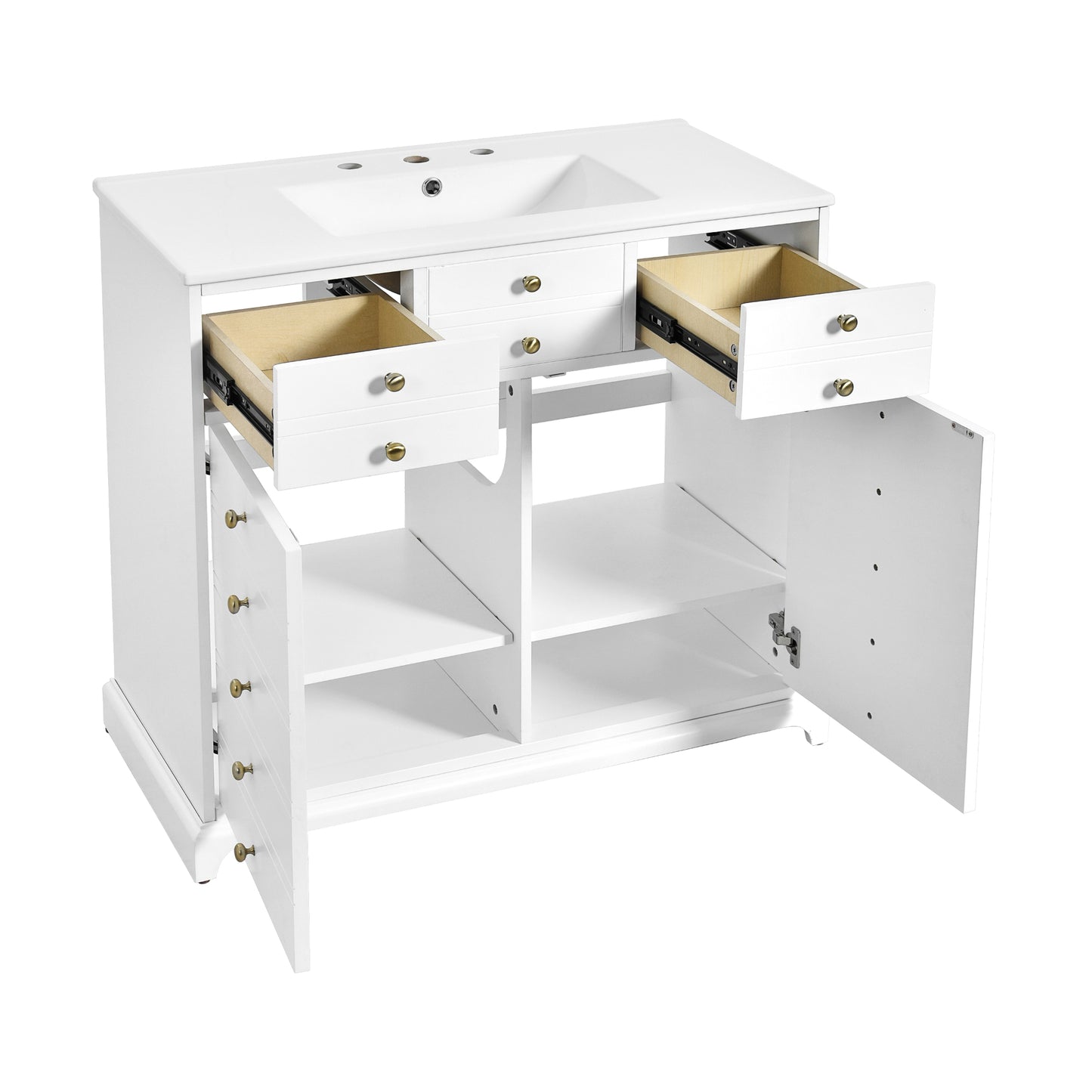 VanityFus 36-in White Bathroom Vanity Single Sink Combo with Ceramic Top Undermount 2 Soft Close Doors 2 Drawers