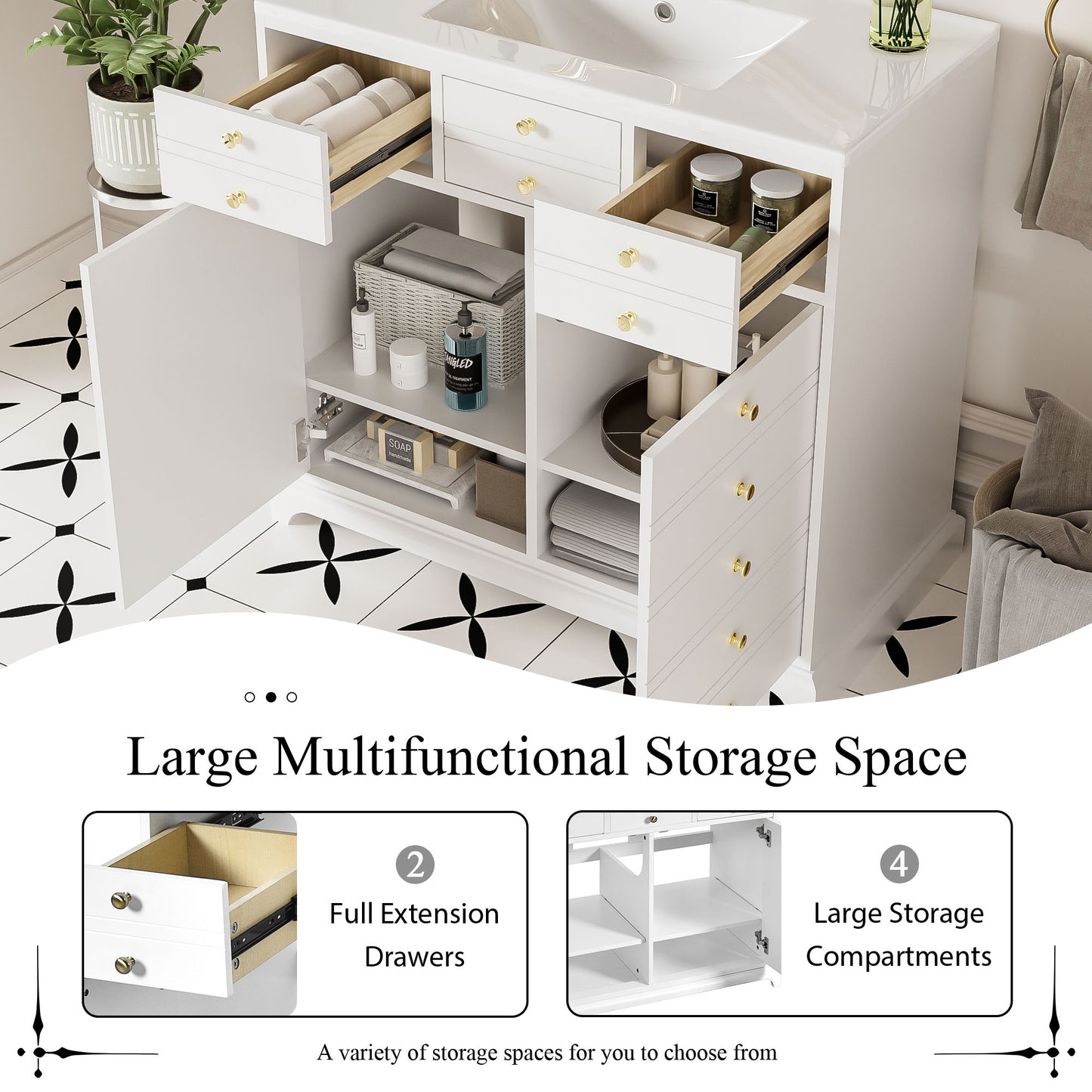 VanityFus 36-in White Bathroom Vanity Single Sink Combo with Ceramic Top Undermount 2 Soft Close Doors 2 Drawers