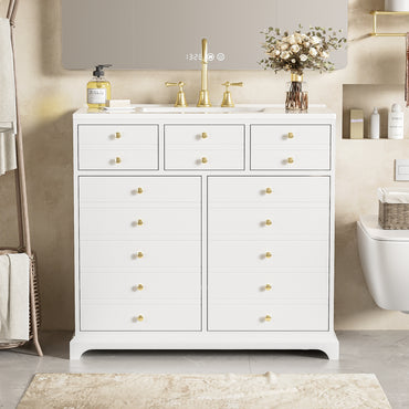 VanityFus 36-in White Bathroom Vanity Single Sink Combo with Ceramic Top Undermount 2 Soft Close Doors 2 Drawers