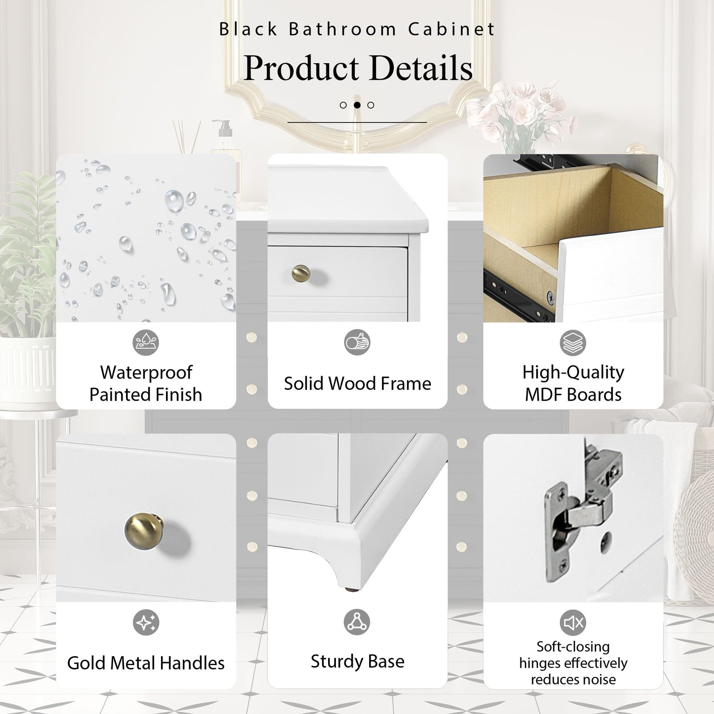 VanityFus 36-in White Bathroom Vanity Single Sink Combo with Ceramic Top Undermount 2 Soft Close Doors 2 Drawers