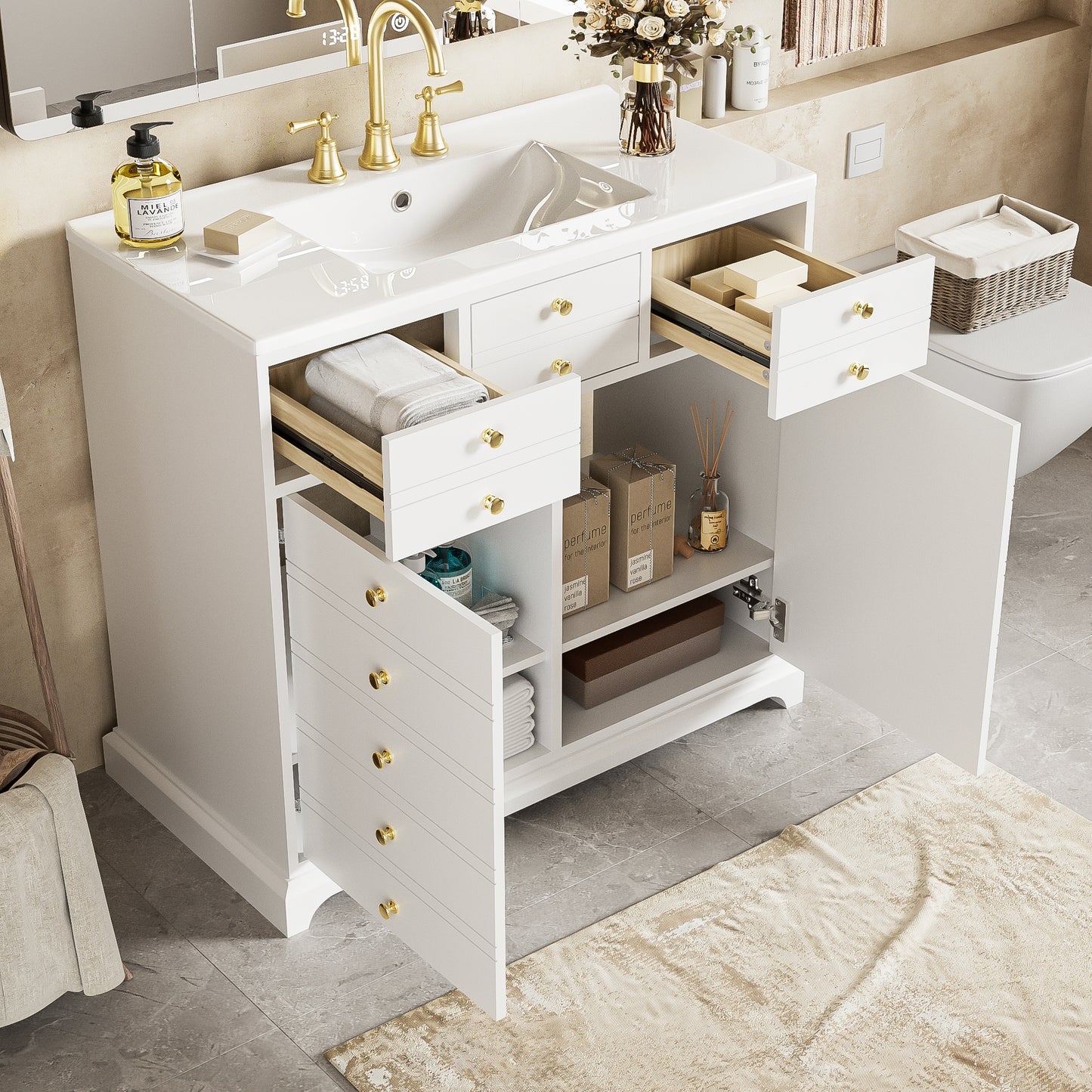 VanityFus 36-in White Bathroom Vanity Single Sink Combo with Ceramic Top Undermount 2 Soft Close Doors 2 Drawers
