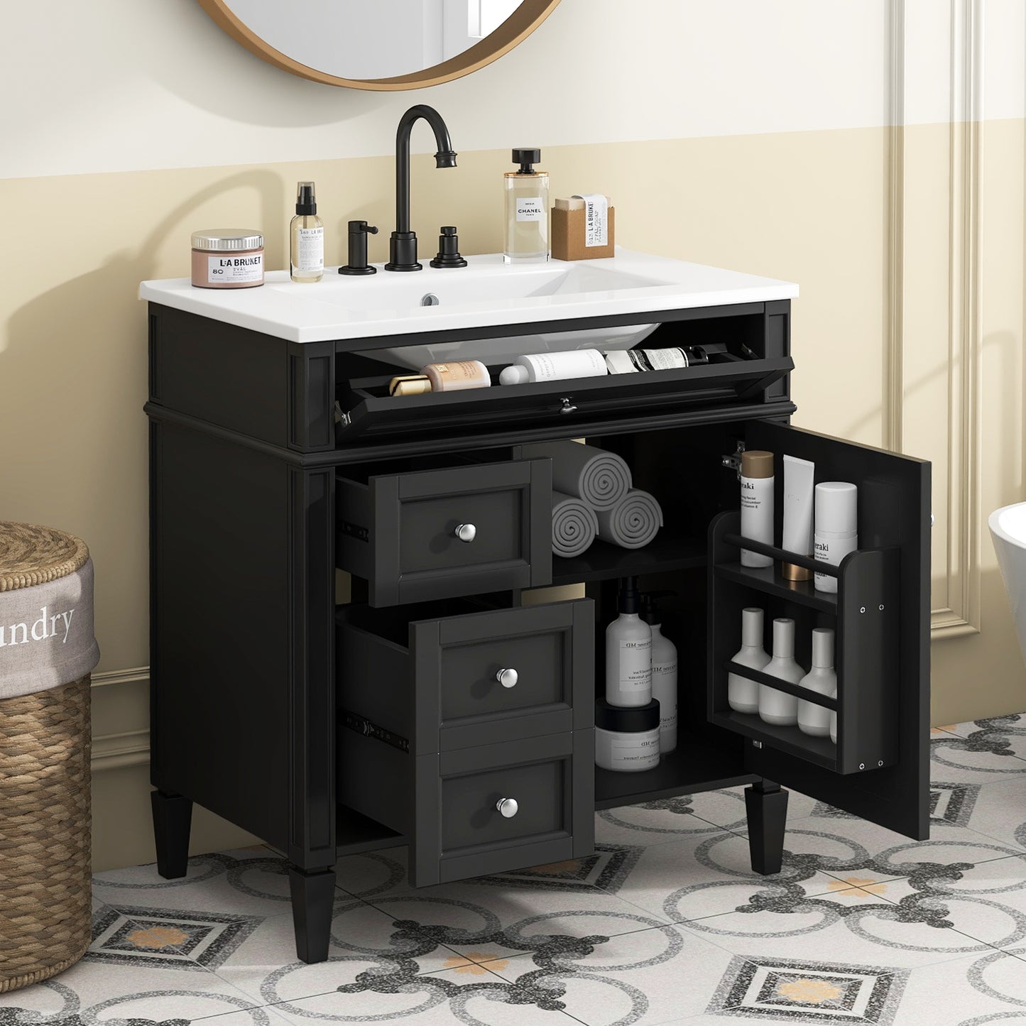 VanityFus 30-in Black Bathroom Vanity Single Sink Combo with Ceramic Top Undermount 1 Soft Close Door 3 Drawers Adjustable Shelves