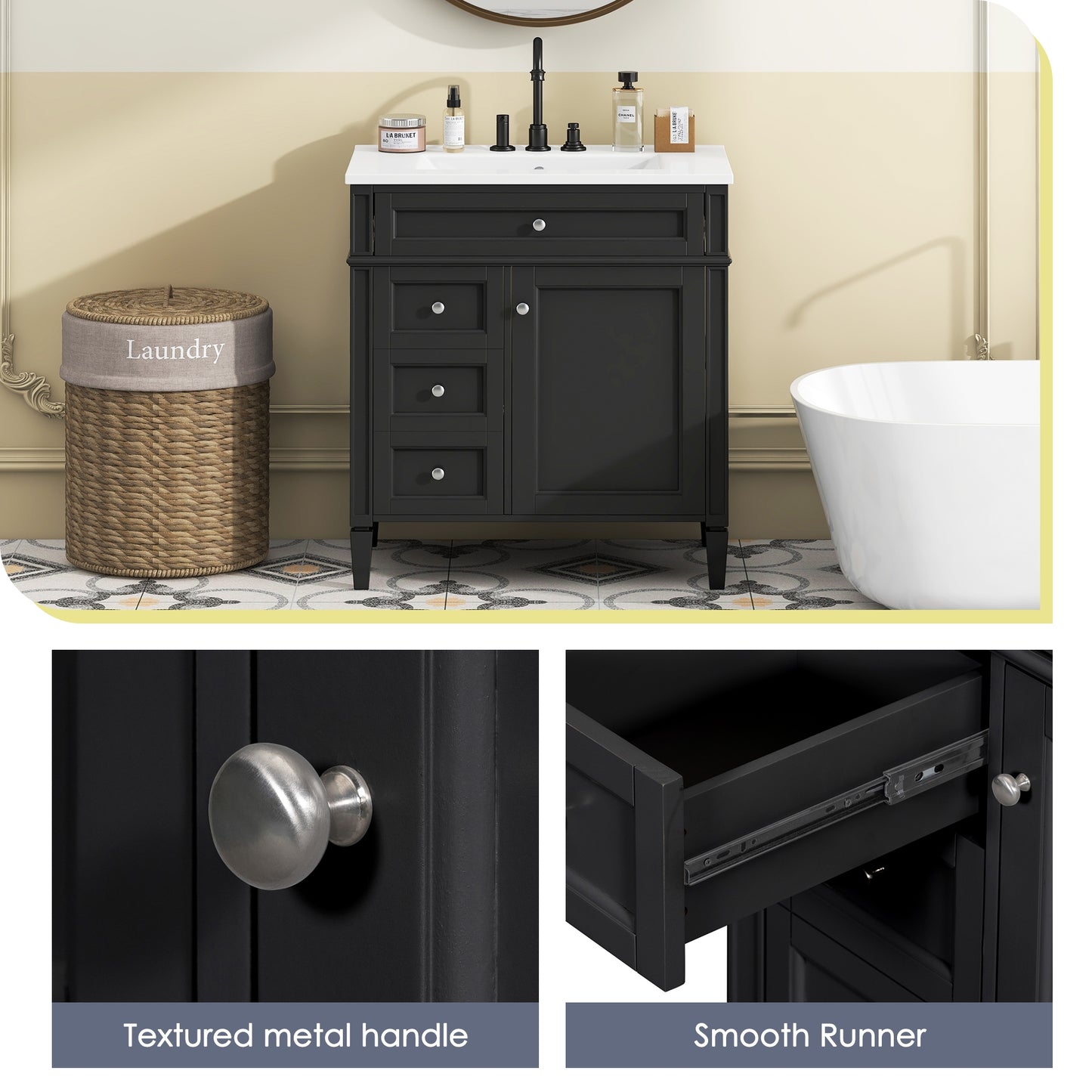 VanityFus 30-in Black Bathroom Vanity Single Sink Combo with Ceramic Top Undermount 1 Soft Close Door 3 Drawers Adjustable Shelves