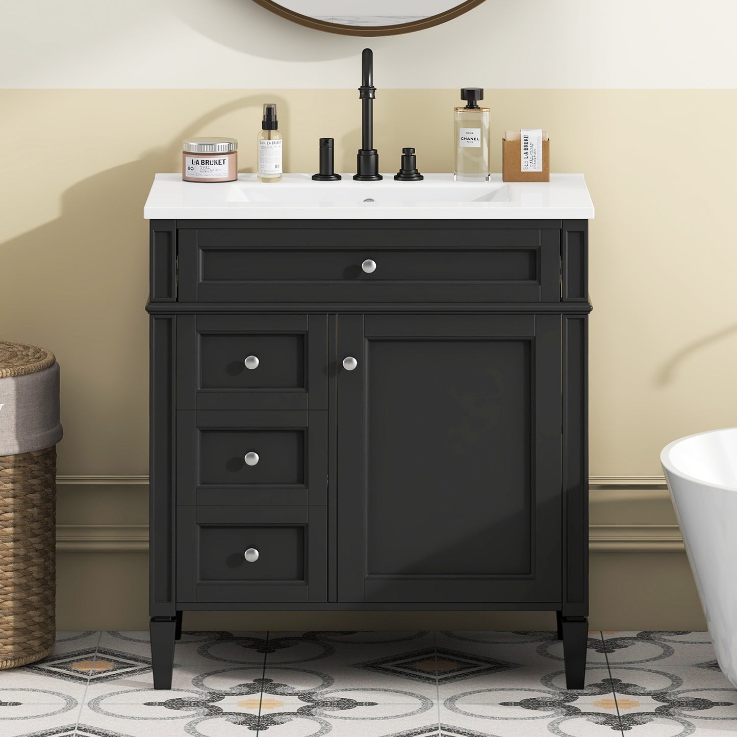 VanityFus 30-in Black Bathroom Vanity Single Sink Combo with Ceramic Top Undermount 1 Soft Close Door 3 Drawers Adjustable Shelves
