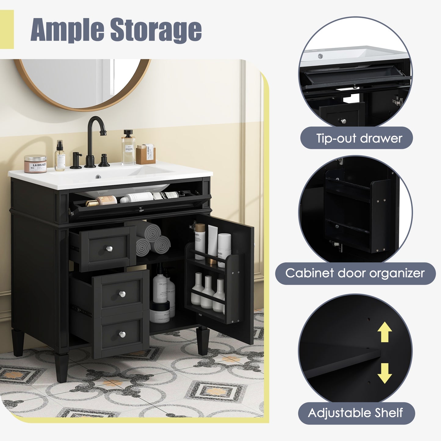 VanityFus 30-in Black Bathroom Vanity Single Sink Combo with Ceramic Top Undermount 1 Soft Close Door 3 Drawers Adjustable Shelves