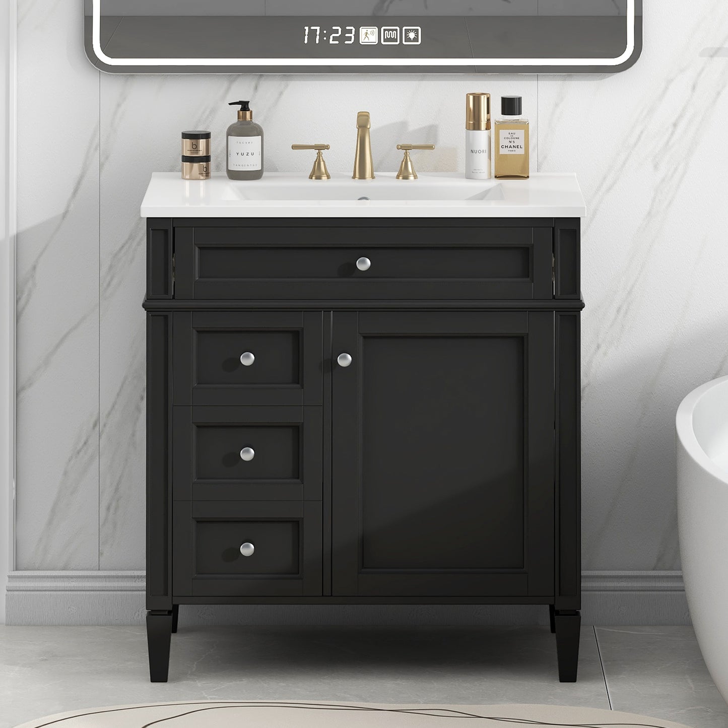 VanityFus 30-in Black Bathroom Vanity Single Sink Combo with Ceramic Top Undermount 1 Soft Close Door 3 Drawers Adjustable Shelves