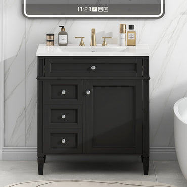 VanityFus 30-in Black Bathroom Vanity Single Sink Combo with Ceramic Top Undermount 1 Soft Close Door 3 Drawers Adjustable Shelves