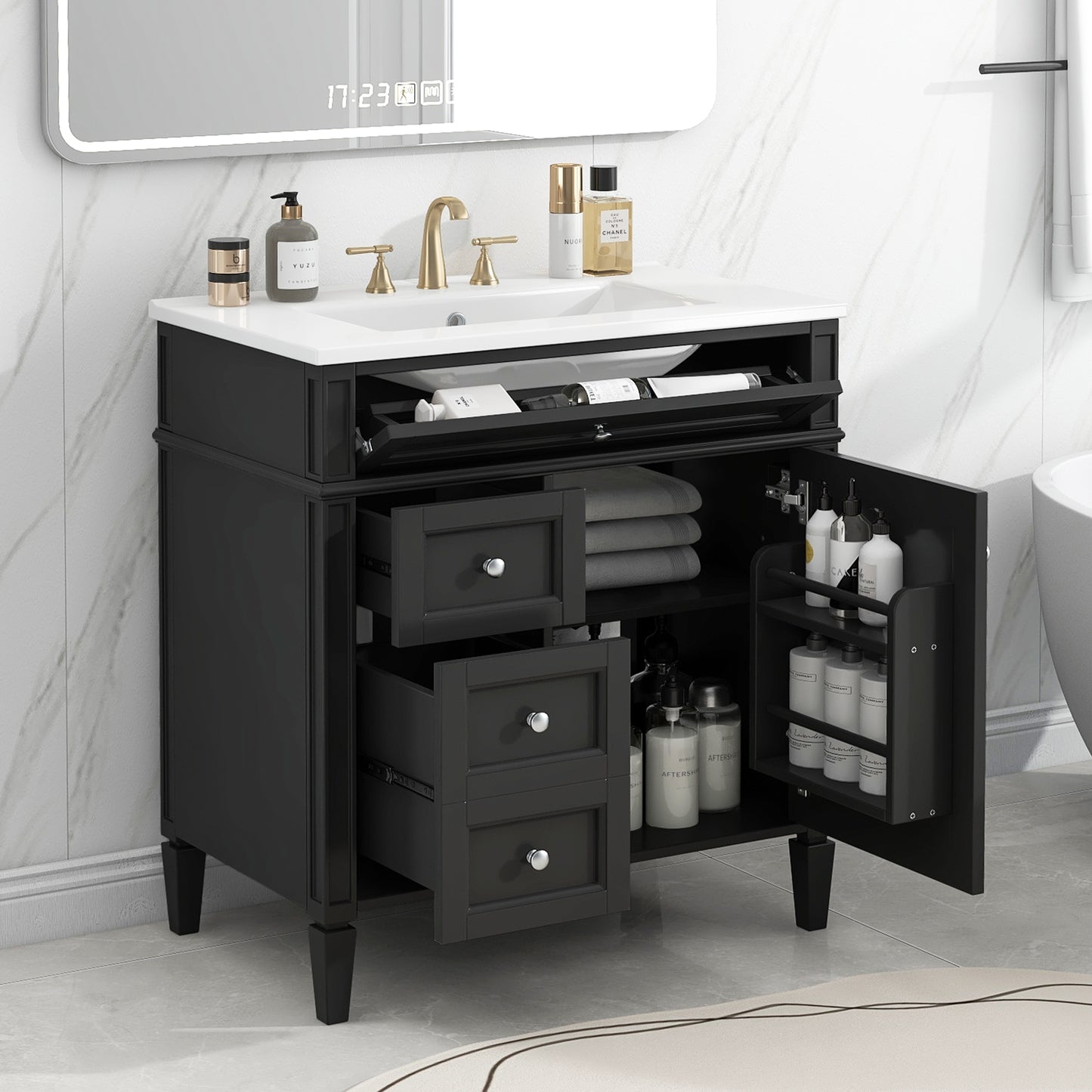 VanityFus 30-in Black Bathroom Vanity Single Sink Combo with Ceramic Top Undermount 1 Soft Close Door 3 Drawers Adjustable Shelves