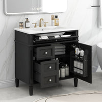 VanityFus 30-in Black Bathroom Vanity Single Sink Combo with Ceramic Top Undermount 1 Soft Close Door 3 Drawers Adjustable Shelves