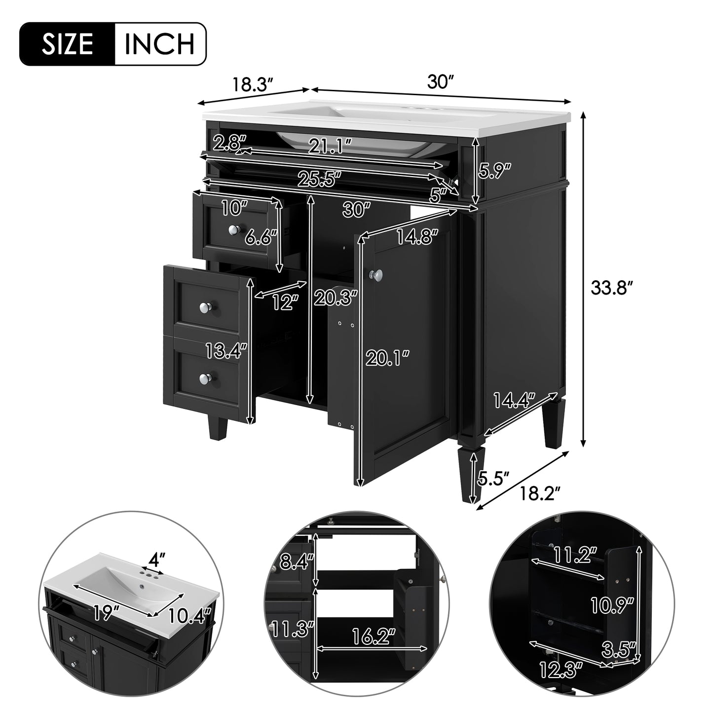 VanityFus 30-in Black Bathroom Vanity Single Sink Combo with Ceramic Top Undermount 1 Soft Close Door 3 Drawers Adjustable Shelves
