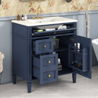 VanityFus 30-in Blue Bathroom Vanity Single Sink Combo with Ceramic Top Undermount 1 Soft Close Door 3 Drawers Adjustable Shelves