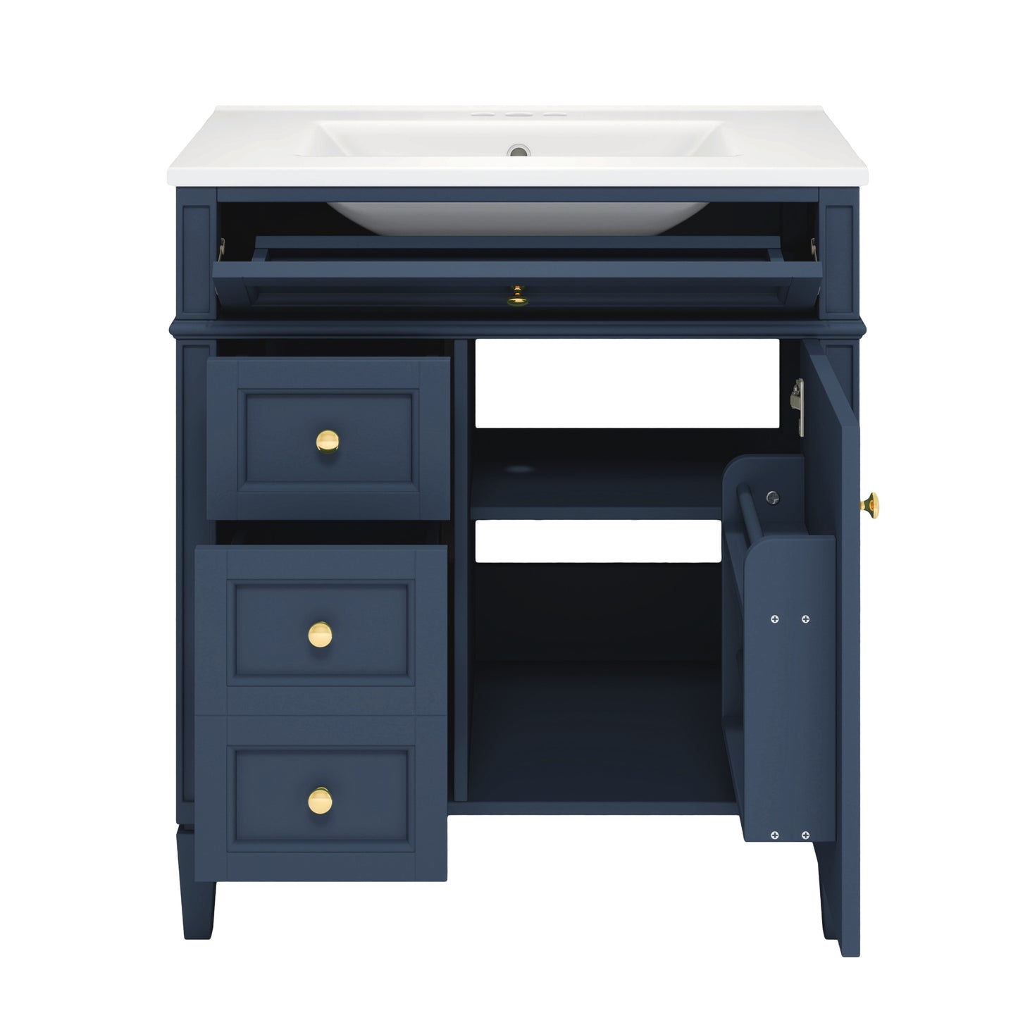 VanityFus 30-in Blue Bathroom Vanity Single Sink Combo with Ceramic Top Undermount 1 Soft Close Door 3 Drawers Adjustable Shelves