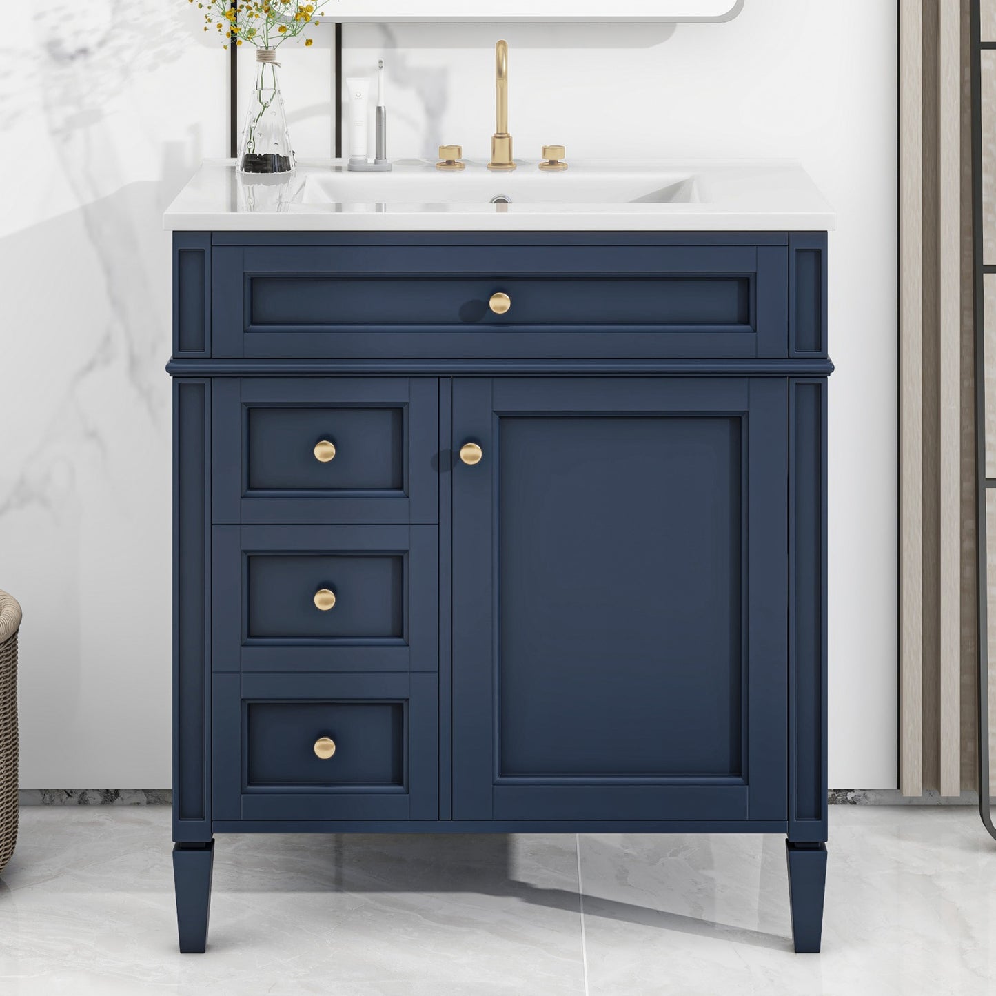 VanityFus 30-in Blue Bathroom Vanity Single Sink Combo with Ceramic Top Undermount 1 Soft Close Door 3 Drawers Adjustable Shelves