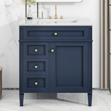 VanityFus 30-in Blue Bathroom Vanity Single Sink Combo with Ceramic Top Undermount 1 Soft Close Door 3 Drawers Adjustable Shelves