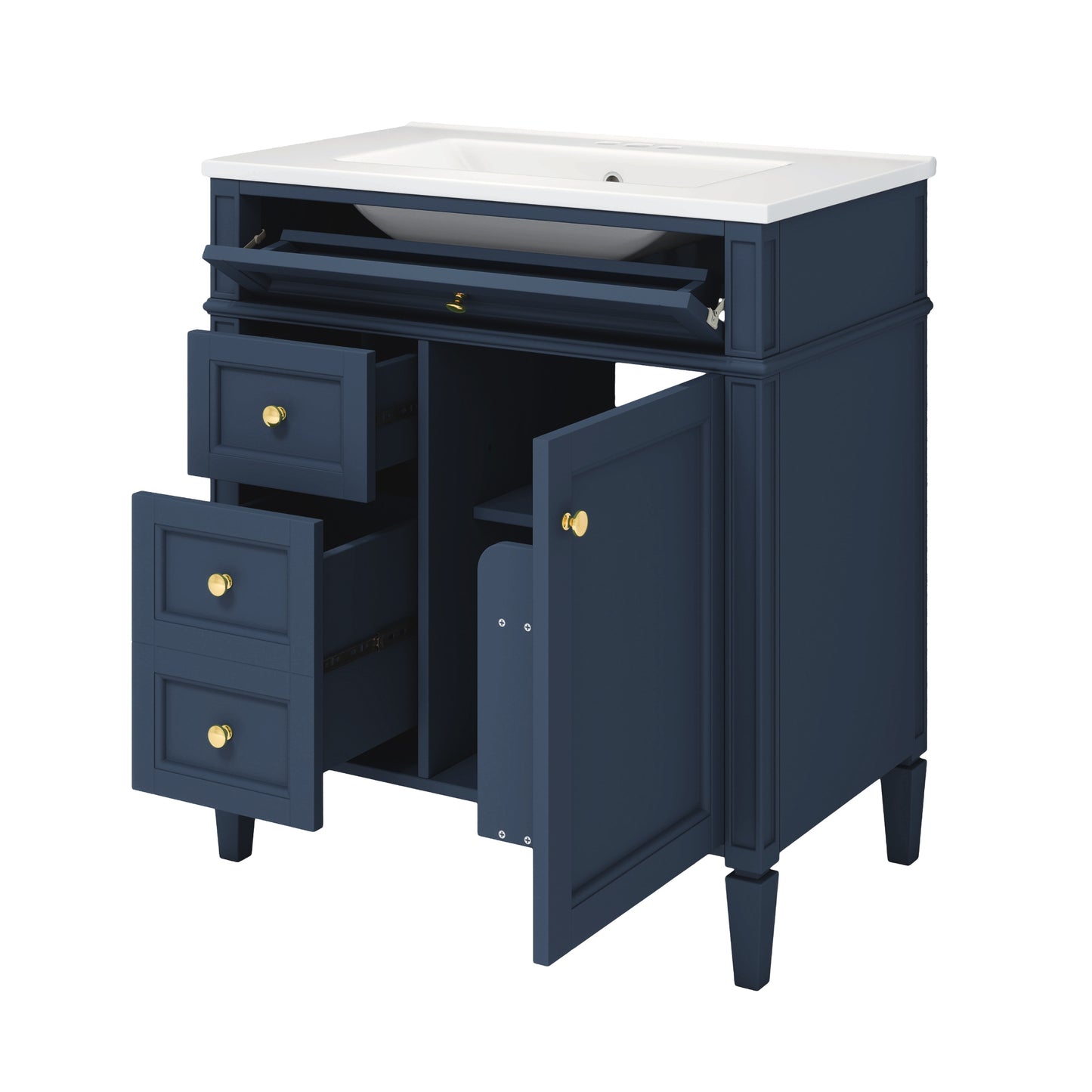 VanityFus 30-in Blue Bathroom Vanity Single Sink Combo with Ceramic Top Undermount 1 Soft Close Door 3 Drawers Adjustable Shelves