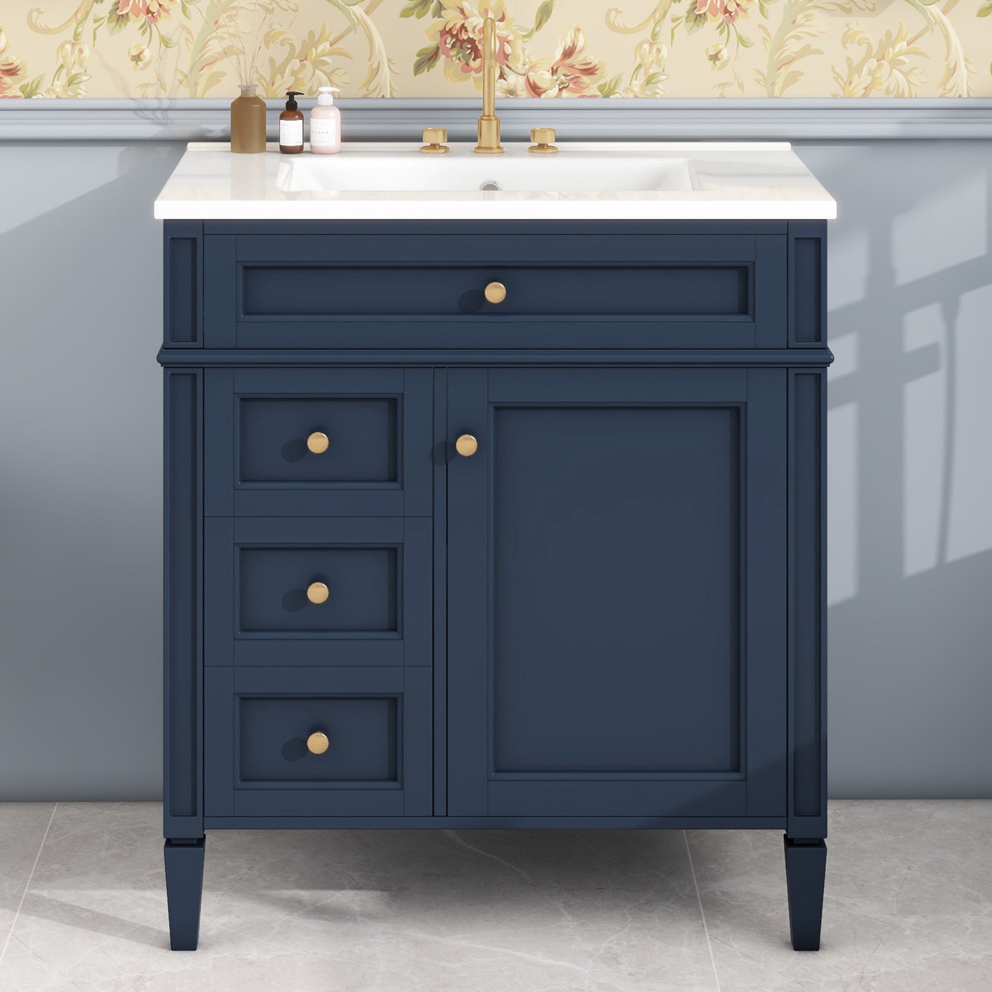 VanityFus 30-in Blue Bathroom Vanity Single Sink Combo with Ceramic Top Undermount 1 Soft Close Door 3 Drawers Adjustable Shelves