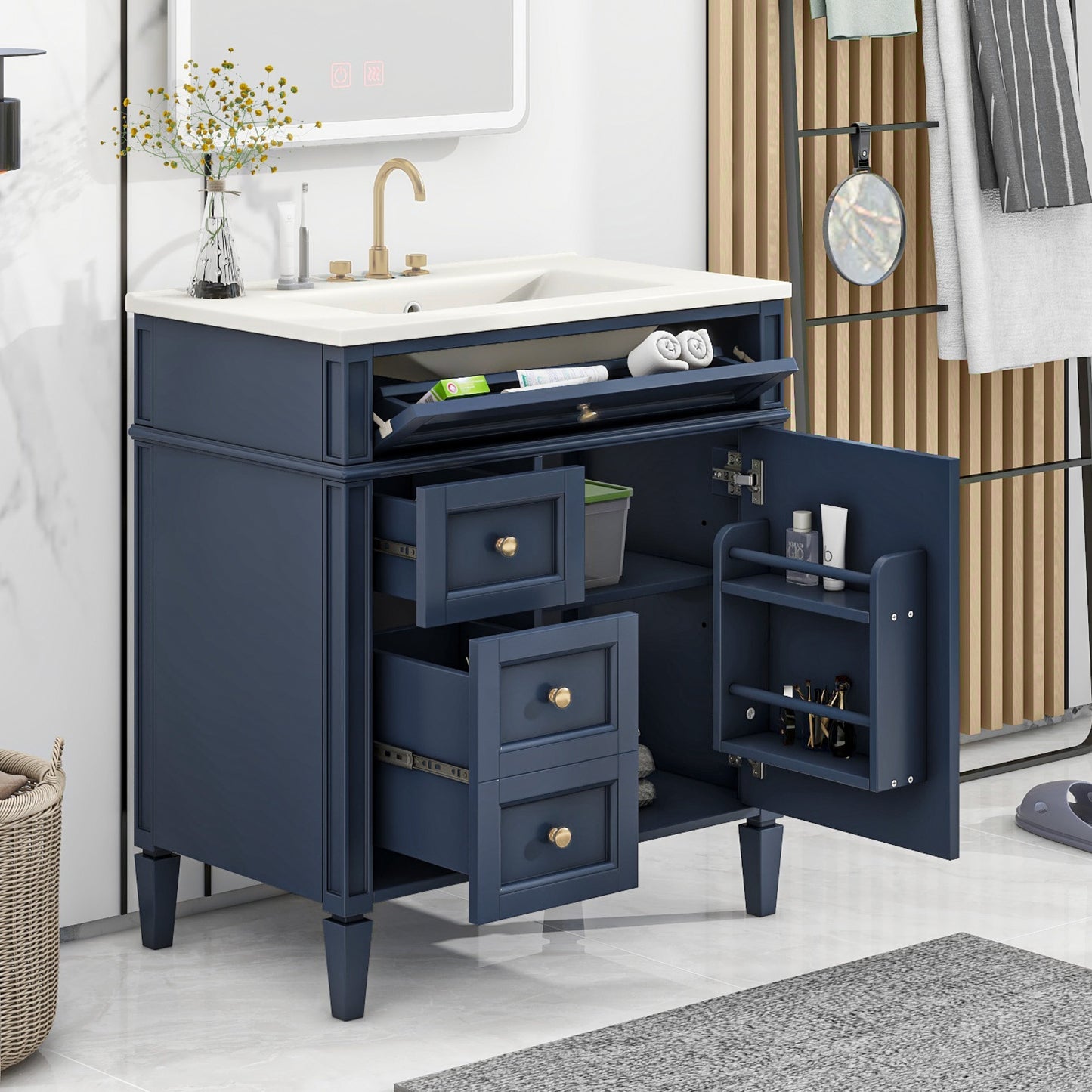 VanityFus 30-in Blue Bathroom Vanity Single Sink Combo with Ceramic Top Undermount 1 Soft Close Door 3 Drawers Adjustable Shelves