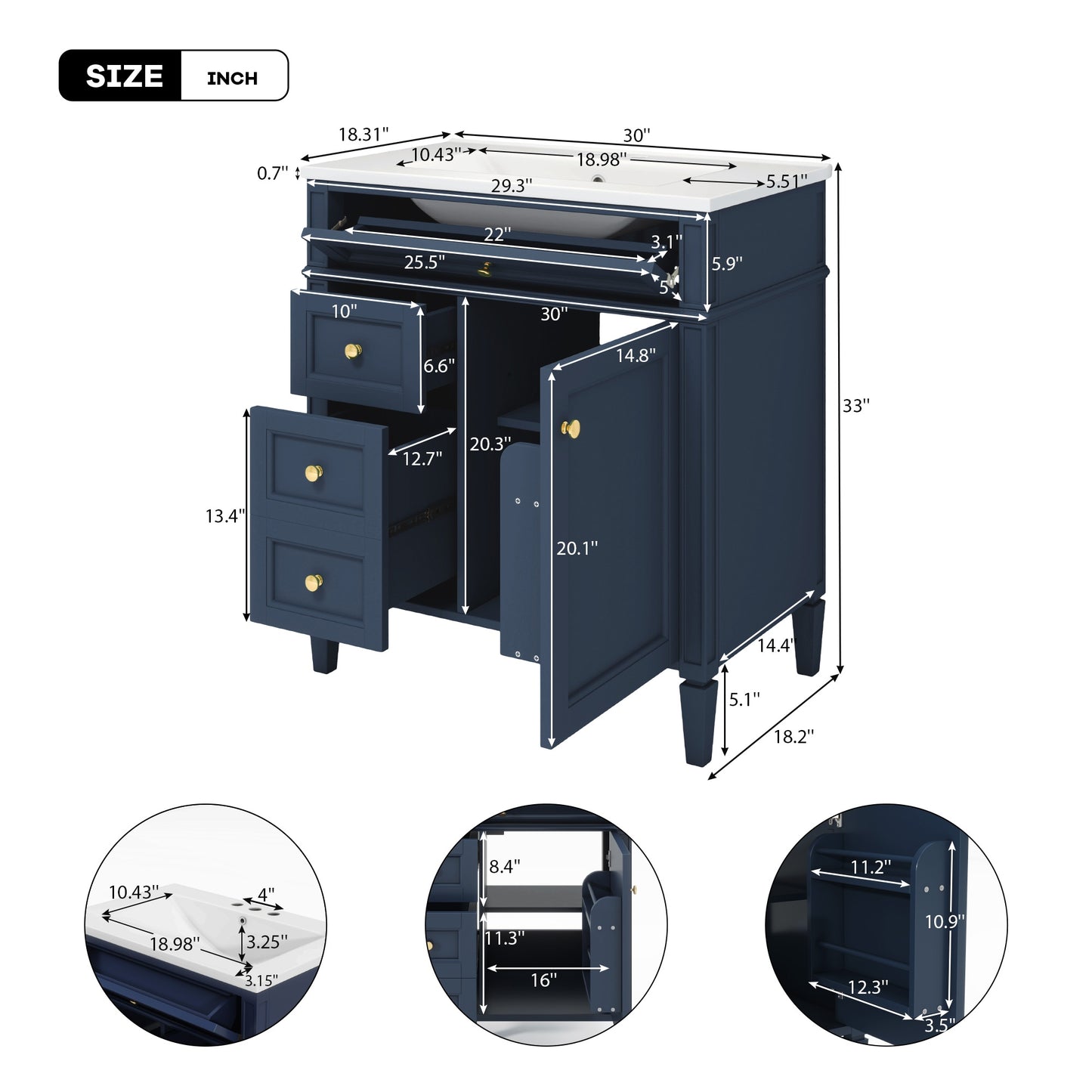 VanityFus 30-in Blue Bathroom Vanity Single Sink Combo with Ceramic Top Undermount 1 Soft Close Door 3 Drawers Adjustable Shelves