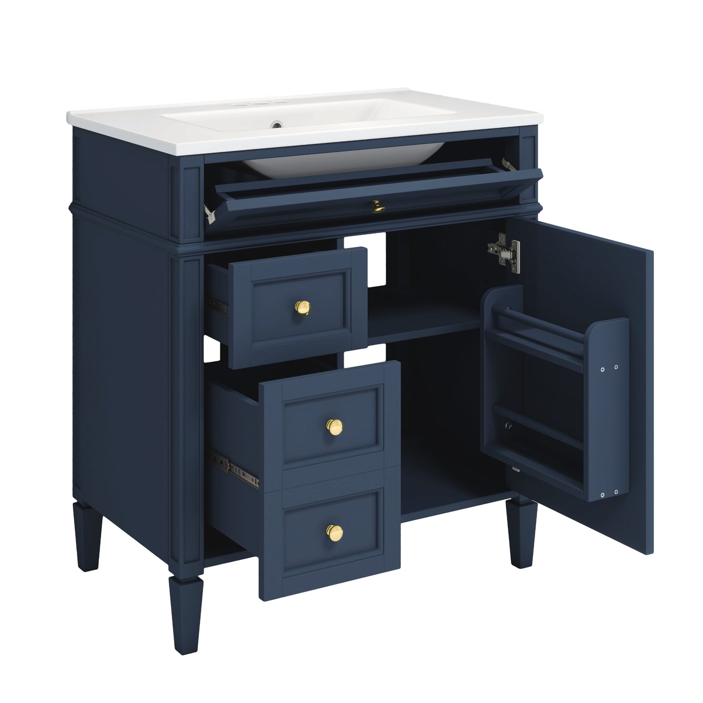VanityFus 30-in Blue Bathroom Vanity Single Sink Combo with Ceramic Top Undermount 1 Soft Close Door 3 Drawers Adjustable Shelves