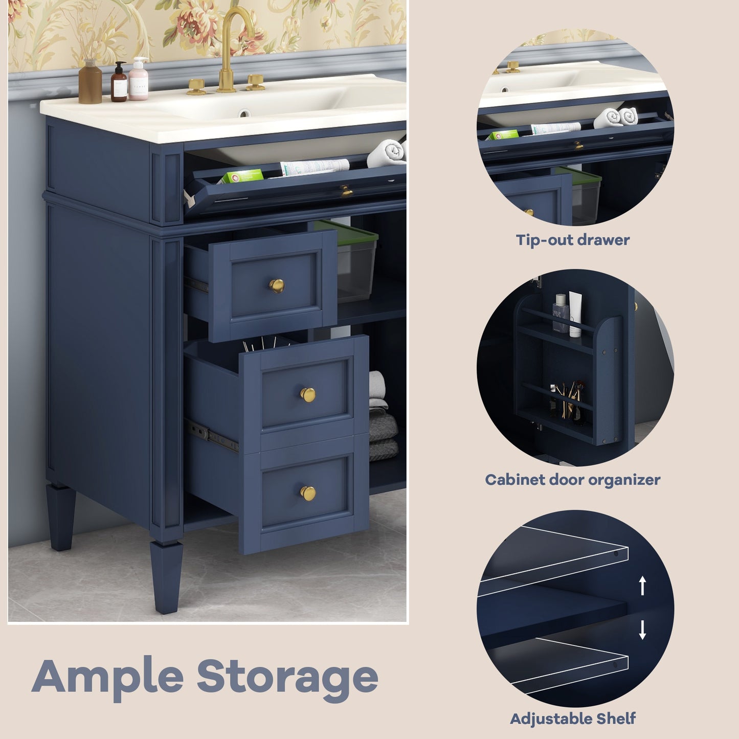 VanityFus 30-in Blue Bathroom Vanity Single Sink Combo with Ceramic Top Undermount 1 Soft Close Door 3 Drawers Adjustable Shelves