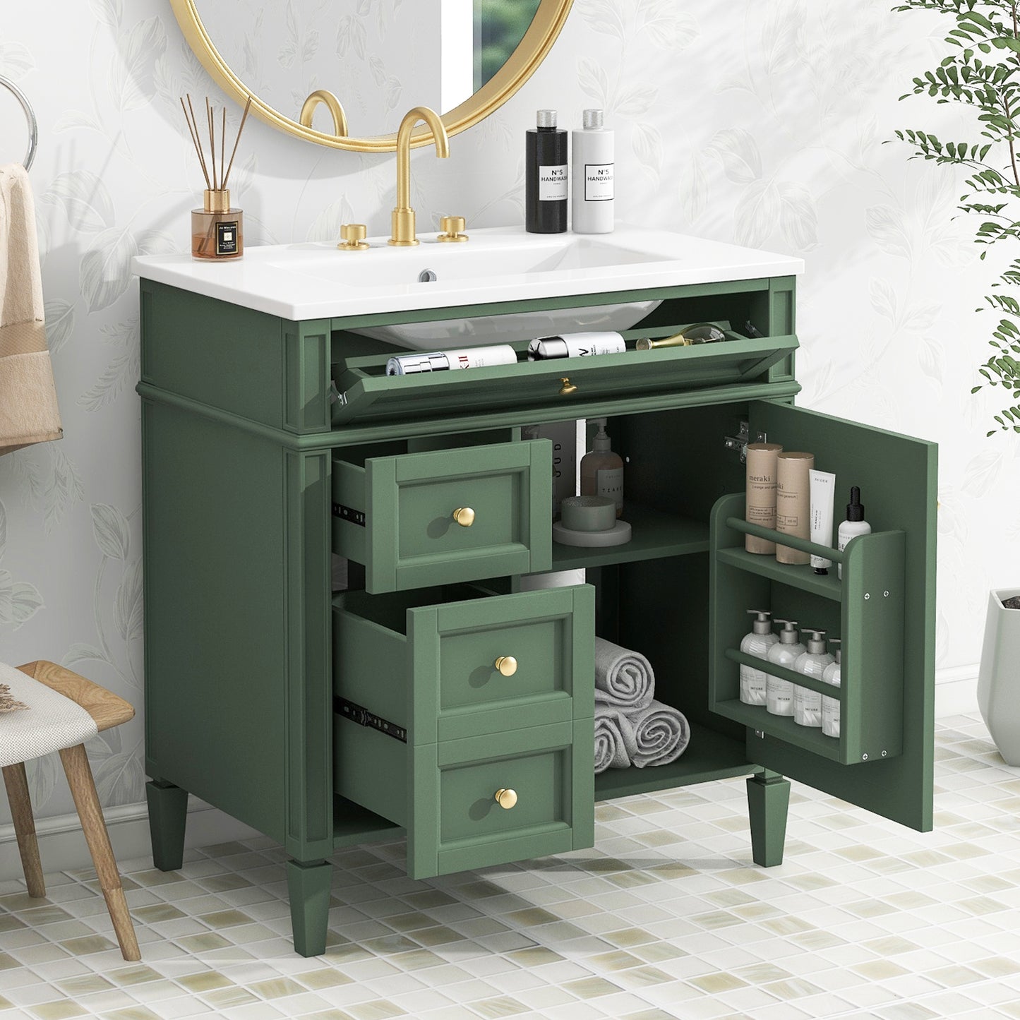 VanityFus 30-in Green Bathroom Vanity Undermount Single Sink Combo with 1 Soft Close Door 3 Drawers Adjustable Shelves